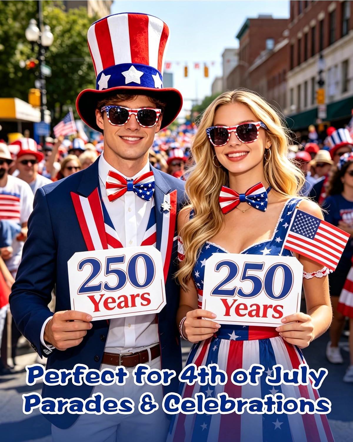Hikkcos 3 Pcs Patriotic USA Hat Costume Set for Adults, 4th of July American Flag Top Hat with Bow Tie and Sunglasses for Independence Day Halloween