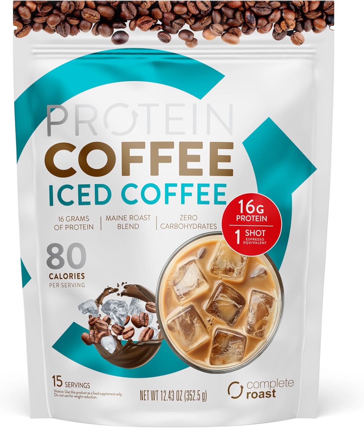 Complete Roast Iced Protein Coffee - 16g Protein, 0 Carbs, Non GMO Whey- 30 serv.