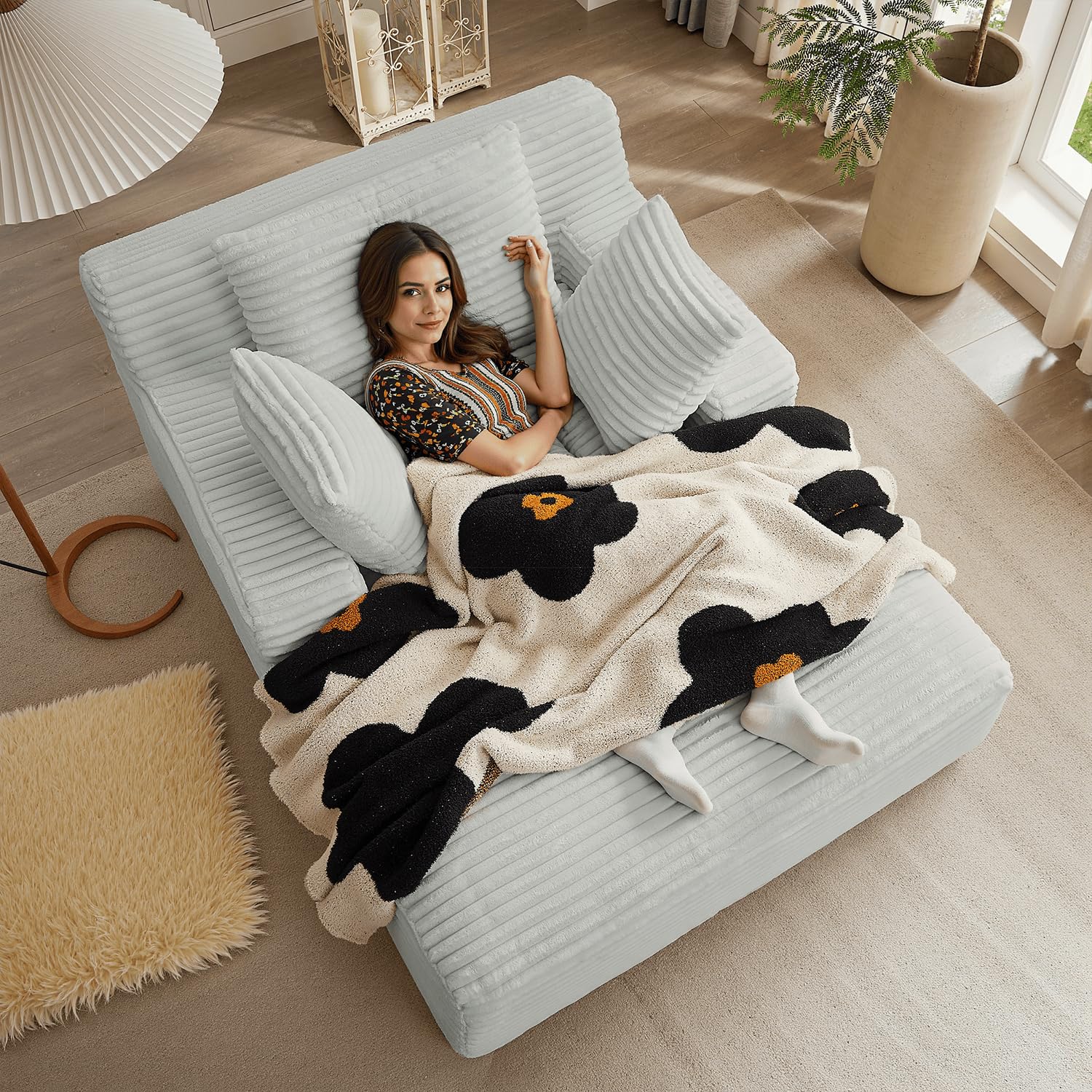 50 Inches Chaise Lounge Indoor, Oversized Chaise Lounge Chair with 3 Throw Pillows and Armrests, Corduroy Upholstered Plush Sofa Bed Lazy Chair Bed Sleeper Chair for Living Room Apartment (Light Grey)