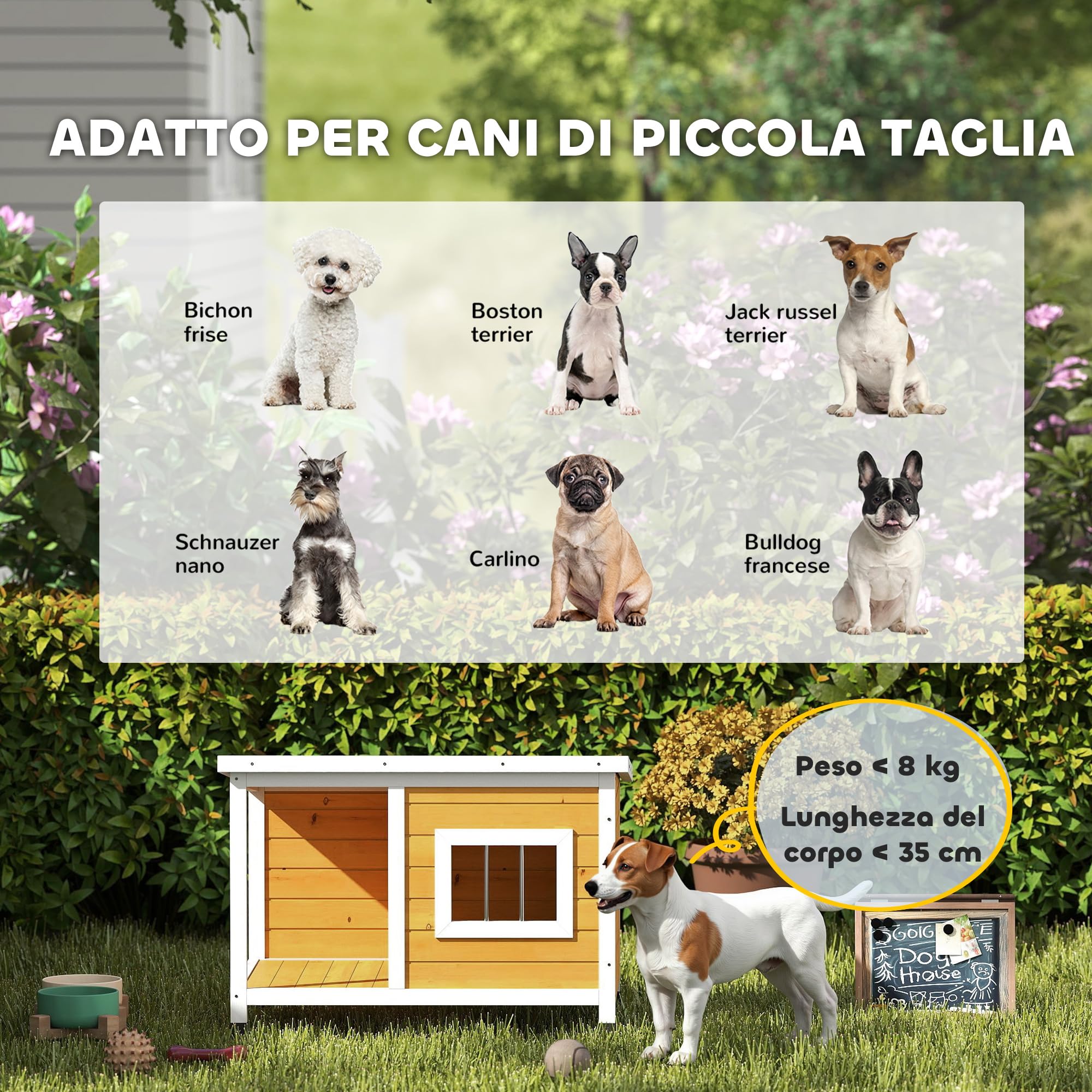 PawHut Cuccia per Cani da Esterno Rialzata con Veranda Coperta e Tetto Inclinabile, Cuccia da Esterno per Cane in Legno di Abete, 85.5x62x60 cm, Multicolore