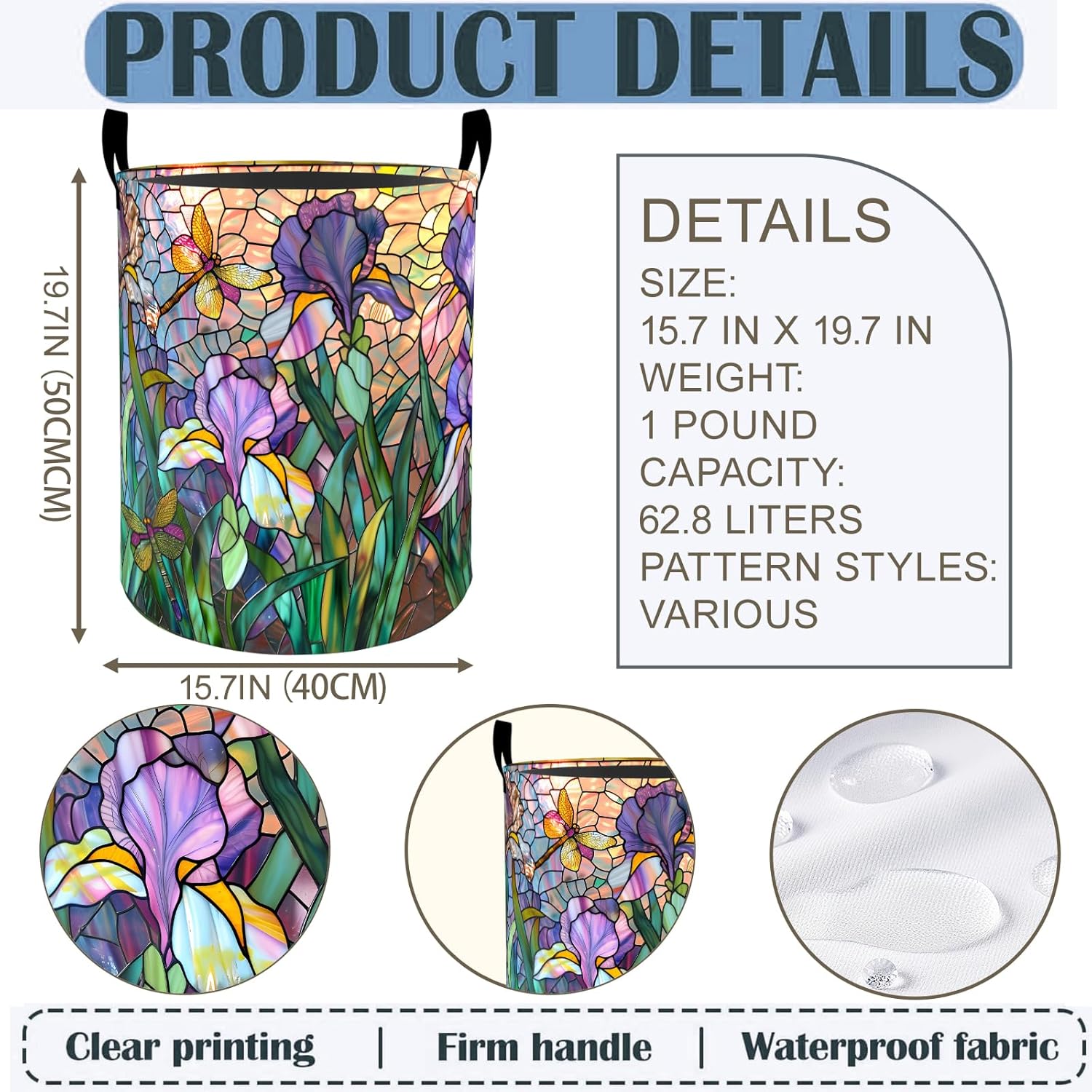 Stained Glass Iris Flower Laundry Basket Hamper 19.7"x15.8", Foldable Waterproof Oxford Clothes Storage Bucket for Room Bathroom Bedroom Nursery Decor, Toy Organizer Bins Gifts for Kids Boys Girls