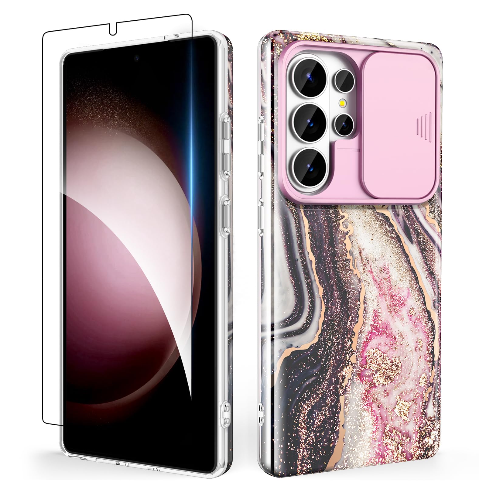 SHEDEER Kompatybilne z Samsung Galaxy S26 Ultra, etui z przesuwaną osłoną aparatu + ochraniacz ekranu, przednie ramy TPU, odporne na wstrząsy i zarysowania, głęboka czerń