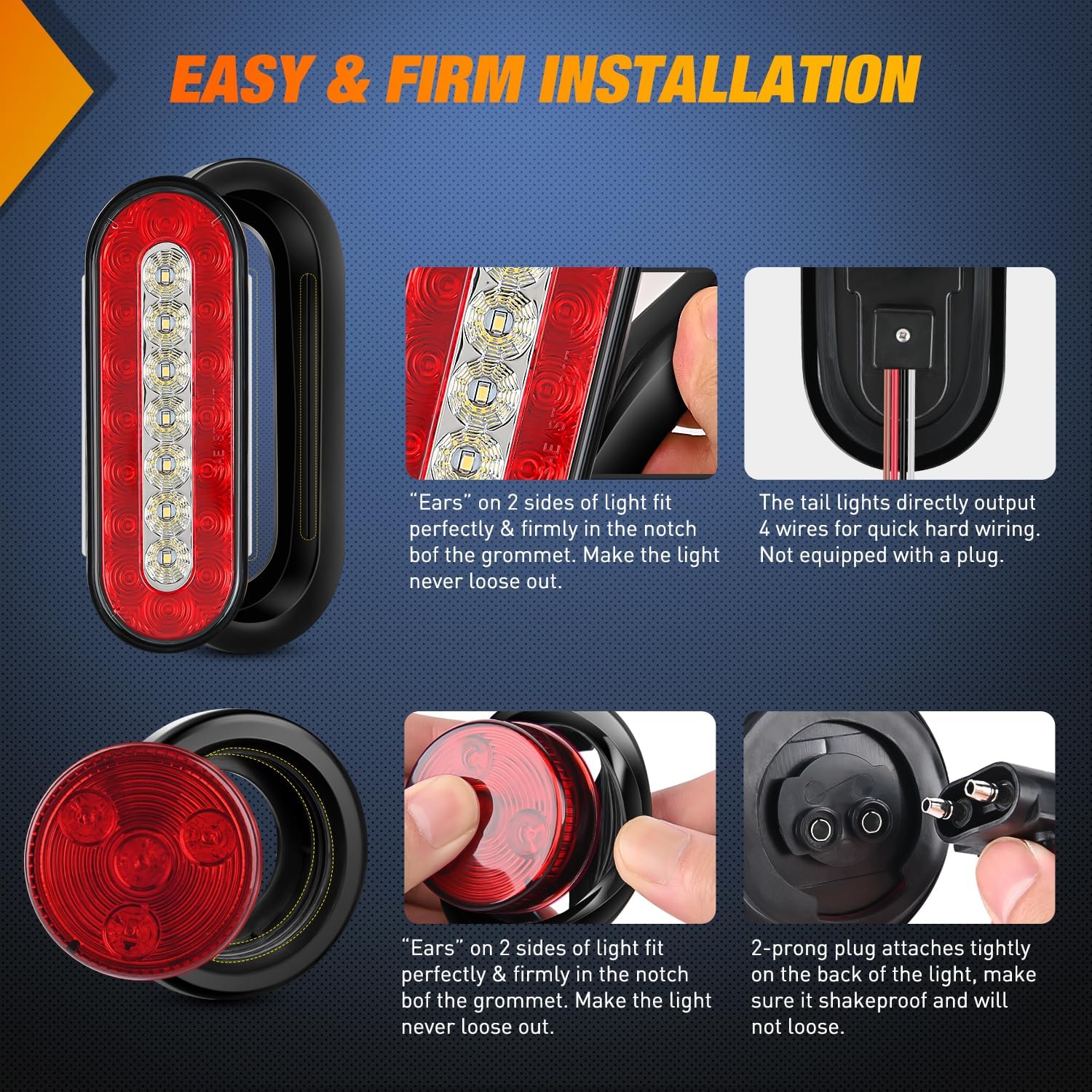 Nilight 2 PCS Steel Trailer Light Boxes Housing Kit 3LED License Plate Lights 6 Inches Oval Red White Trailight 2 Inch Round Side Marker Lamp Grommet Plugs for Truck Tractor Car