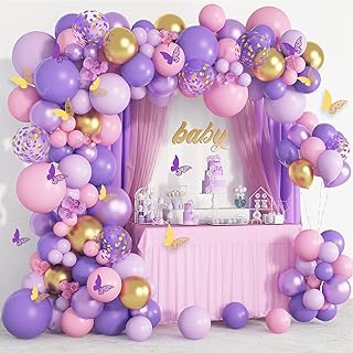 Purple Pink Butterfly Balloon Garland Arch Kit, Butterfly Baby Shower Decorations for Girl Women, Pink and Purple Gold Confetti balloons for Purple Birthday Party Bridal Shower Wedding Decorations