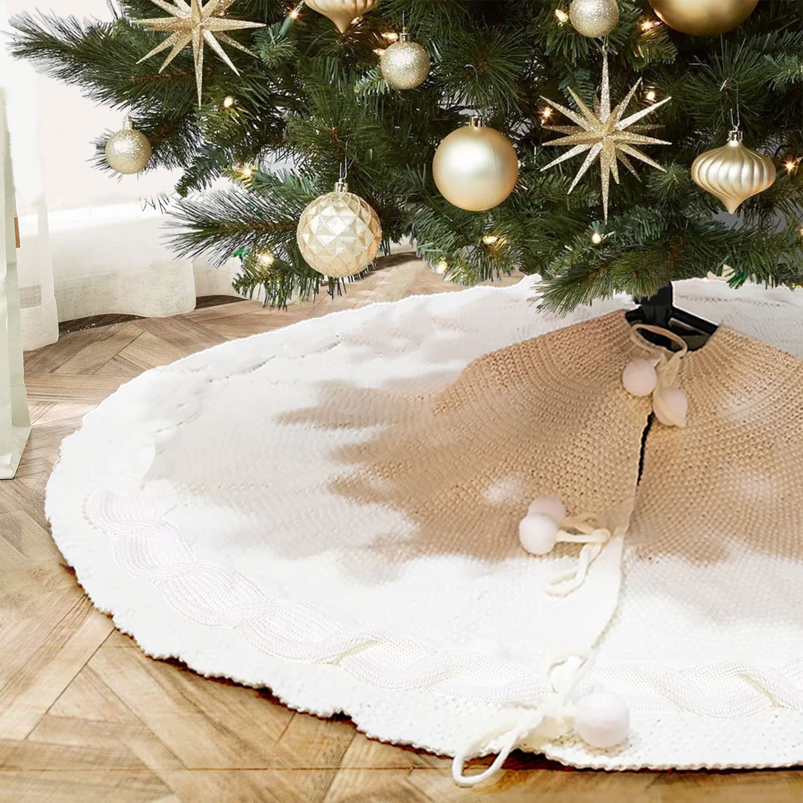 Loozykit White Christmas Tree Skirt, 48In Round Large Cable Knit Tree Skirt, Soft Thick Heavy Yarn Tree Skirt Christmas Decorations for Xmas Party Indoor Outdoor(White)