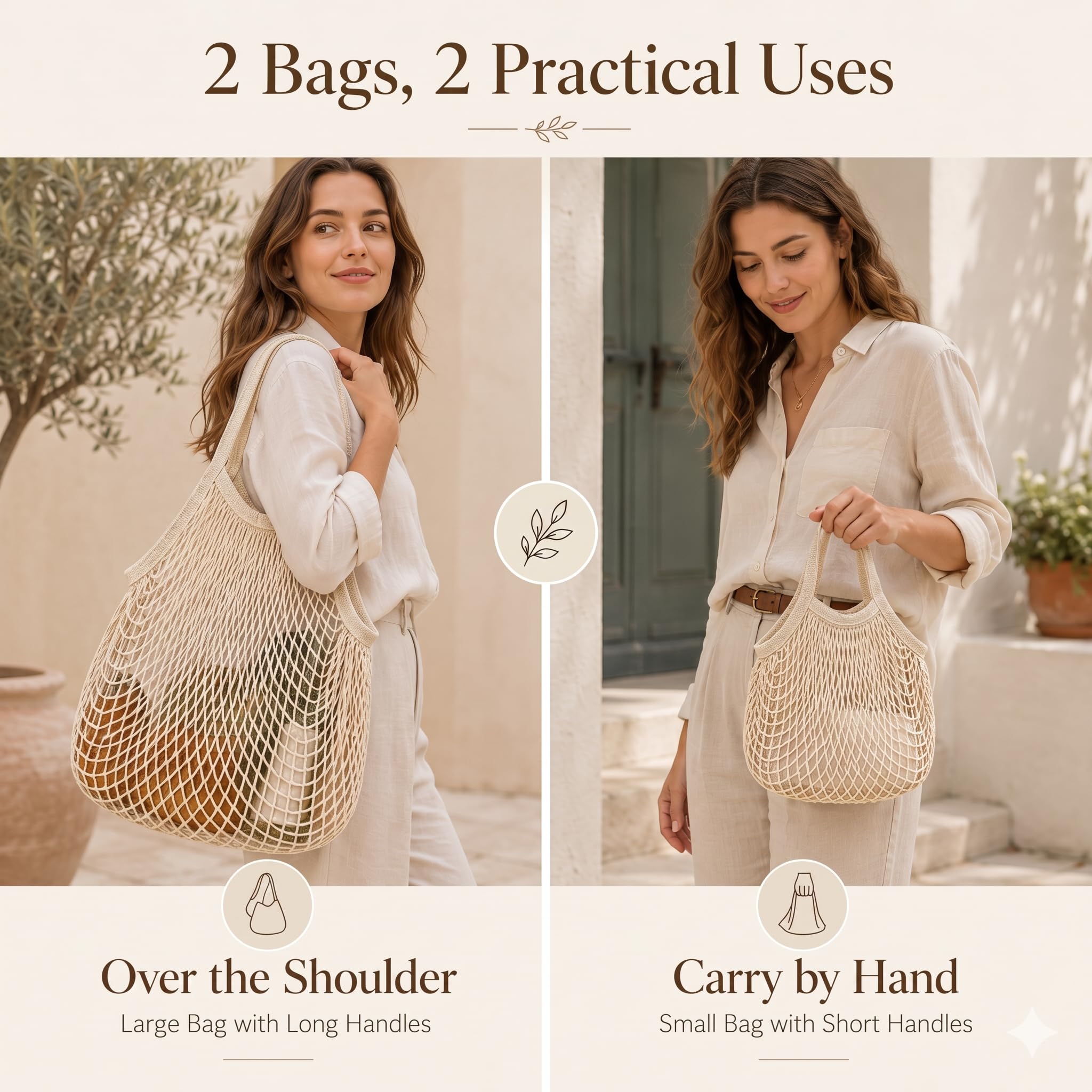 Sacs Filet Réutilisables Lot de 2, Grand Sac Anses Longues et Petit Sac Anses Courtes, Pliable pour Fruits Légumes Pain Plage