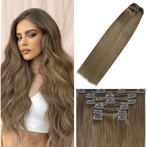 WindTouch Clip in Hair Extensions Real Human Hair #8 Ash Brown Hair Extensions 12Inch 75g for Women