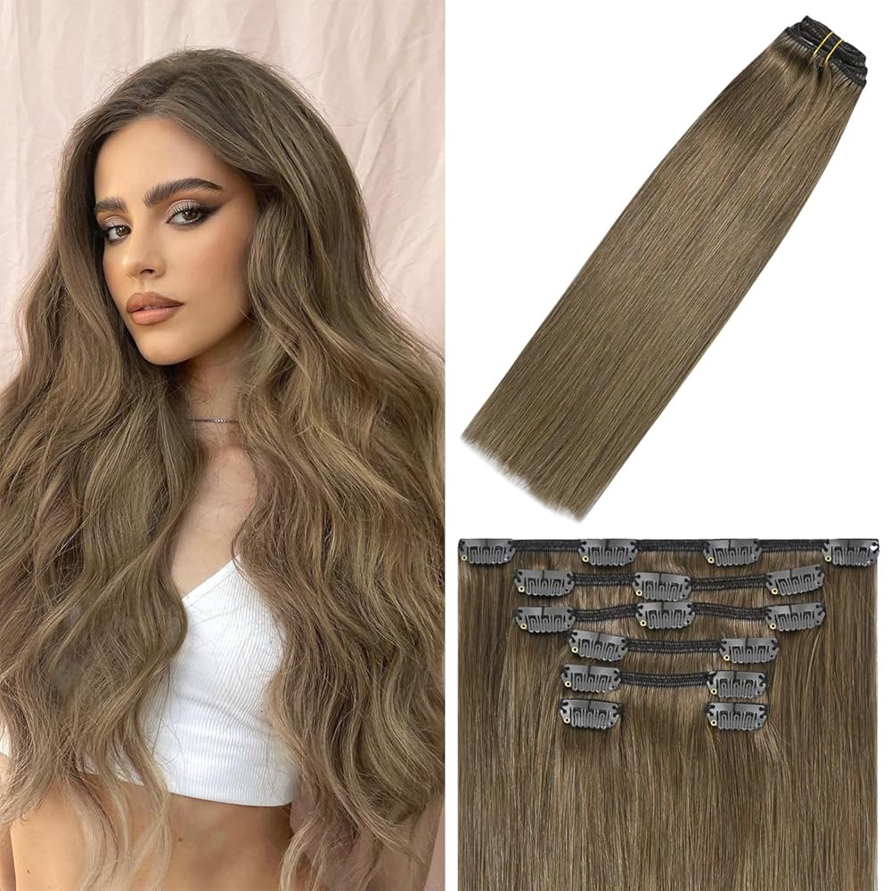 WindTouch Clip in Hair Extensions Remy Hair Ash Brown For Black Women 20Inch 75g Soft Clip Ins 8 7PCS Gift For Women