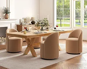 Wahson Velvet Swivel Dining Chair Set of 4, Modern Upholstered Barrel Accent Chair with 360 Degree Rotation, Khaki Vanity Chair for Dining/Living Room, Bedroom, Makeup Room