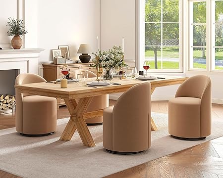 Wahson Velvet Swivel Dining Chair Set of 4, Modern Upholstered Barrel Accent Chair with 360 Degree Rotation, Khaki Vanity Chair for Dining/Living Room, Bedroom, Makeup Room