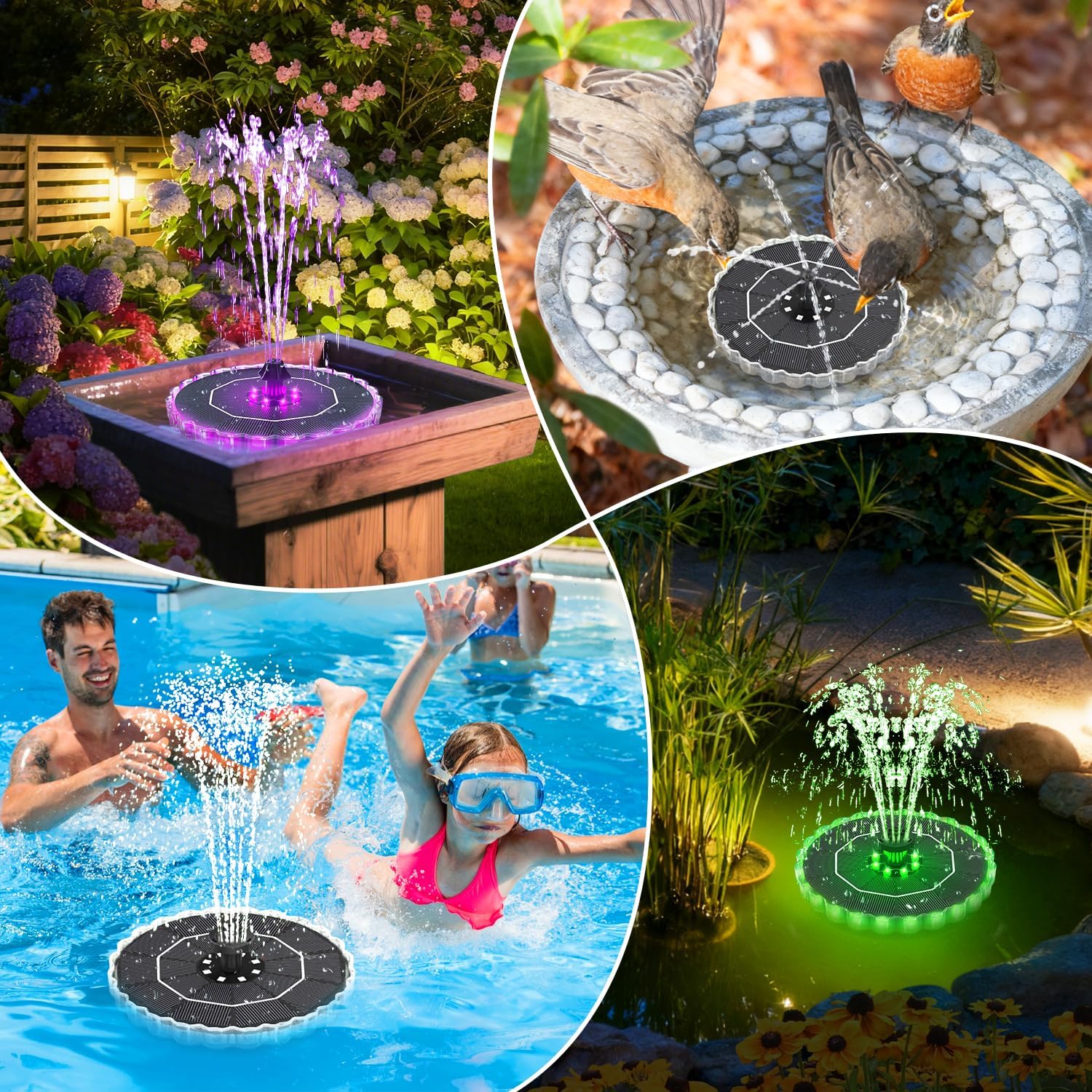 Solar Fountain, 2026 Upgrade 3.5W Solar Bird Bath Fountains with Colorful Ring LED Lights, 2000mAh Battery, 7 Nozzles and 4 Fixers, Solar Water Fountain Pump for Pond, Pool, Patio and Garden