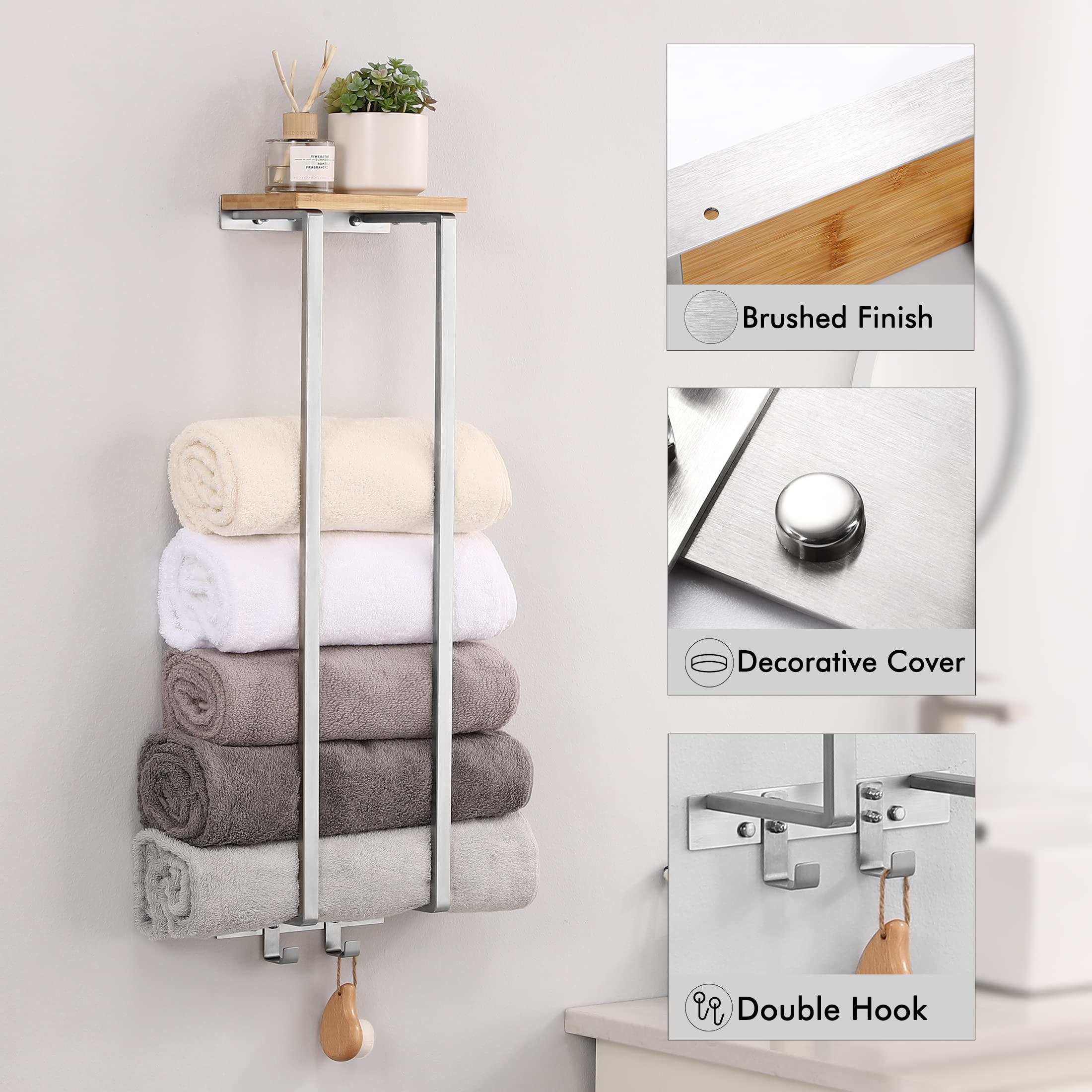KES Towel Rack for Bathroom Wall Mounted with Bamboo Shelf, Towel ...