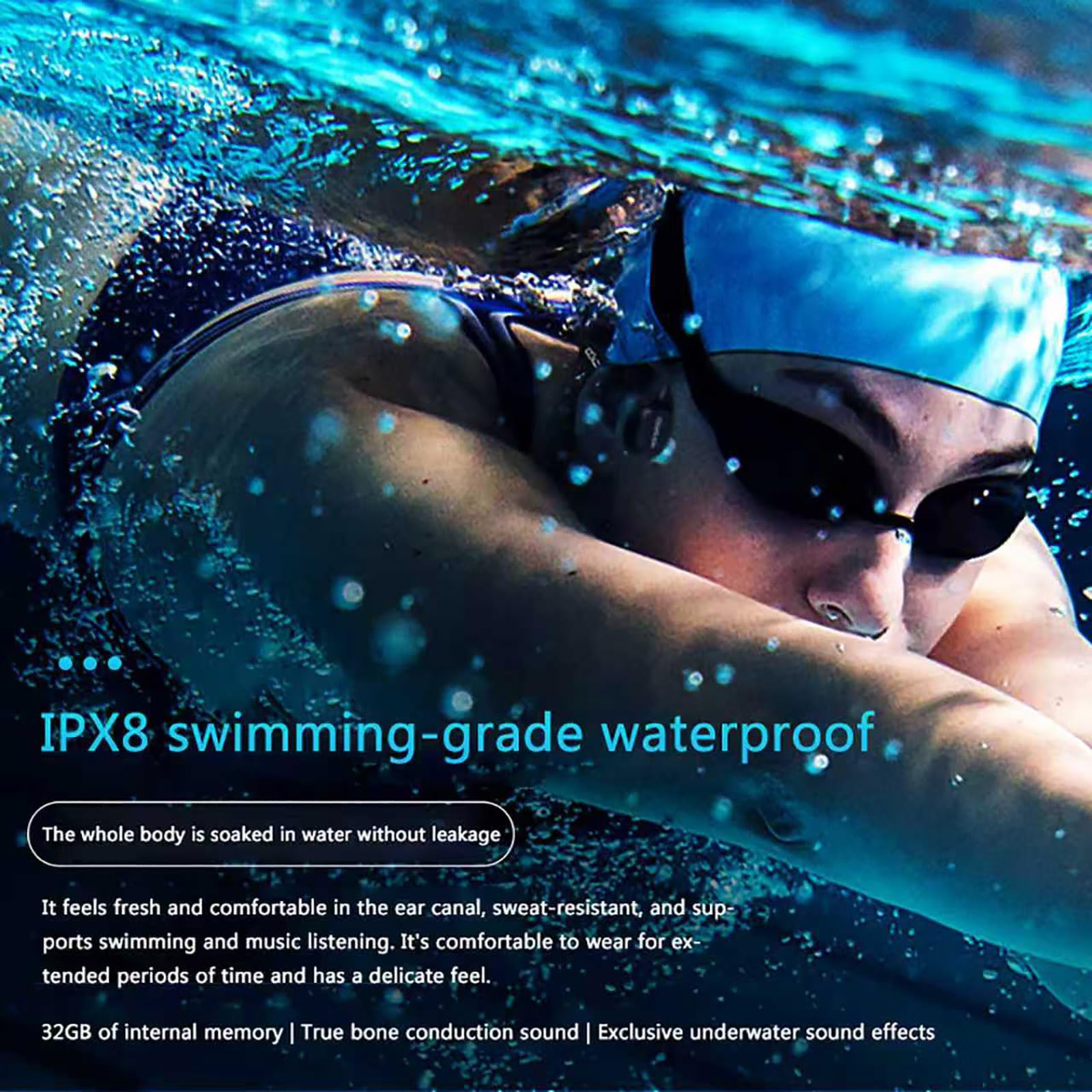 Auriculares MP3 Impermeables para Natación - Clasificación IPX68, Memoria Integrada De 32 GB, Batería De 8 Horas con Pantalla LED, Auriculares Abiertos para Conducir, Ciclismo,Black