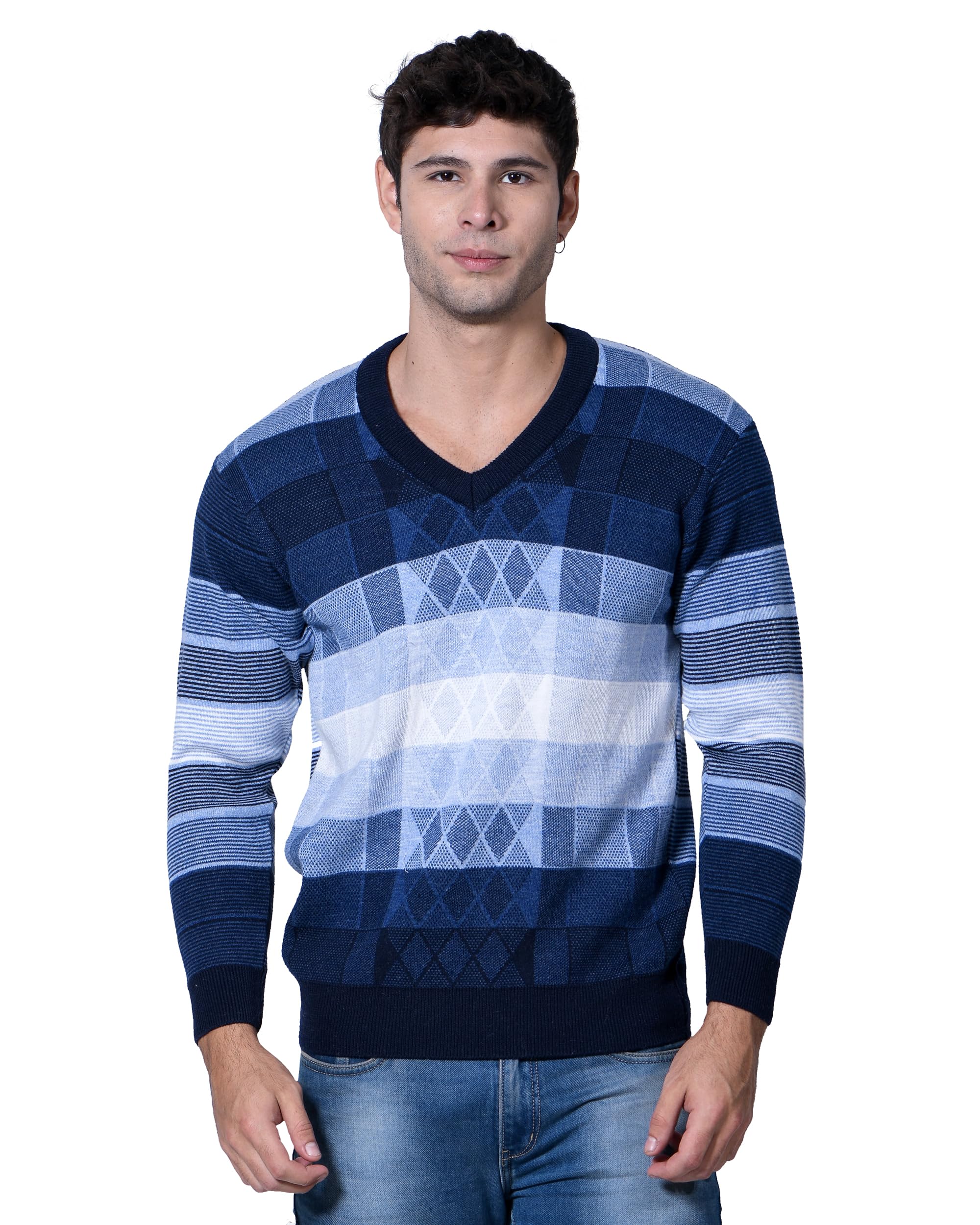 MONT CONNETTMen's Woolen V-Neck Printed Design Pullover Heavy Rainbow Fabric Winter Wear Pure Wool Sweaters for Men Fully Warm Pullover Free Size