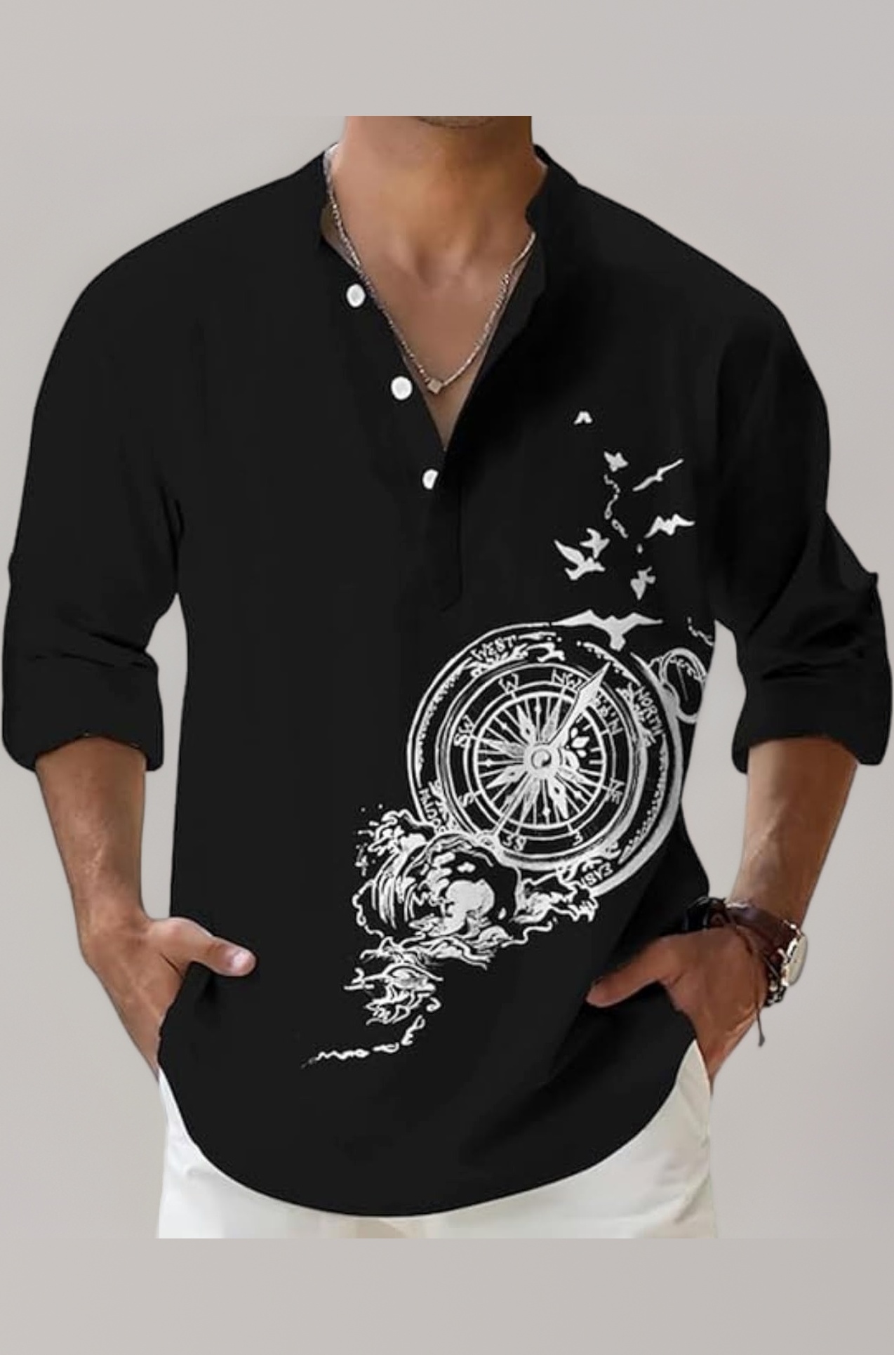 DEELMO Men's Cotton Blend Mandarin Collar Self One Design Full Sleeve Casual Short Kurta