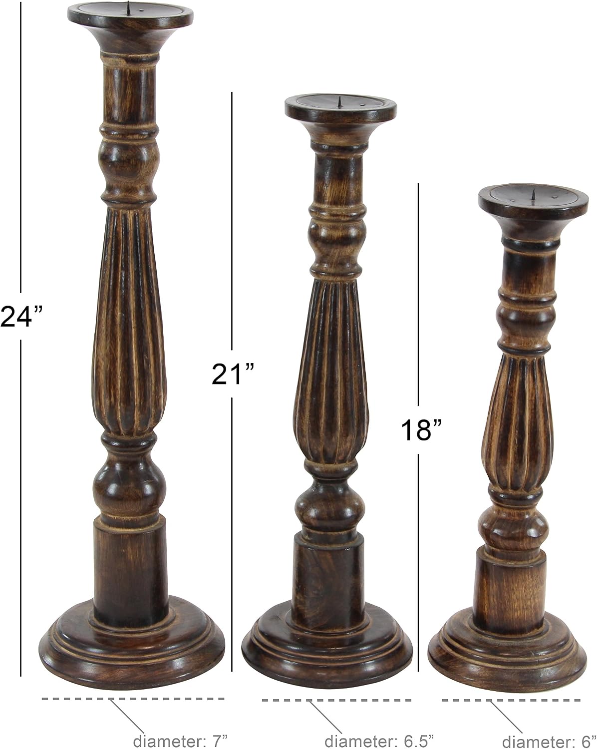 Deco 79 Mango Wood Decorative Candle Holder Tall Turned Candle Stand, Set of 3 Candlestick Holder 24", 21", 18"H, Brown