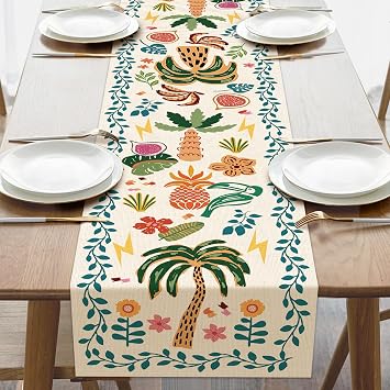 Boho Tropical Plant Dining Table Runner, Bohemian Palm Tree | Pineapples Fig Parrot Floral Botanical Burlap Kitchen Decoration, Hawaiian Summer Indoor Outdoor Home Decor Party Supply