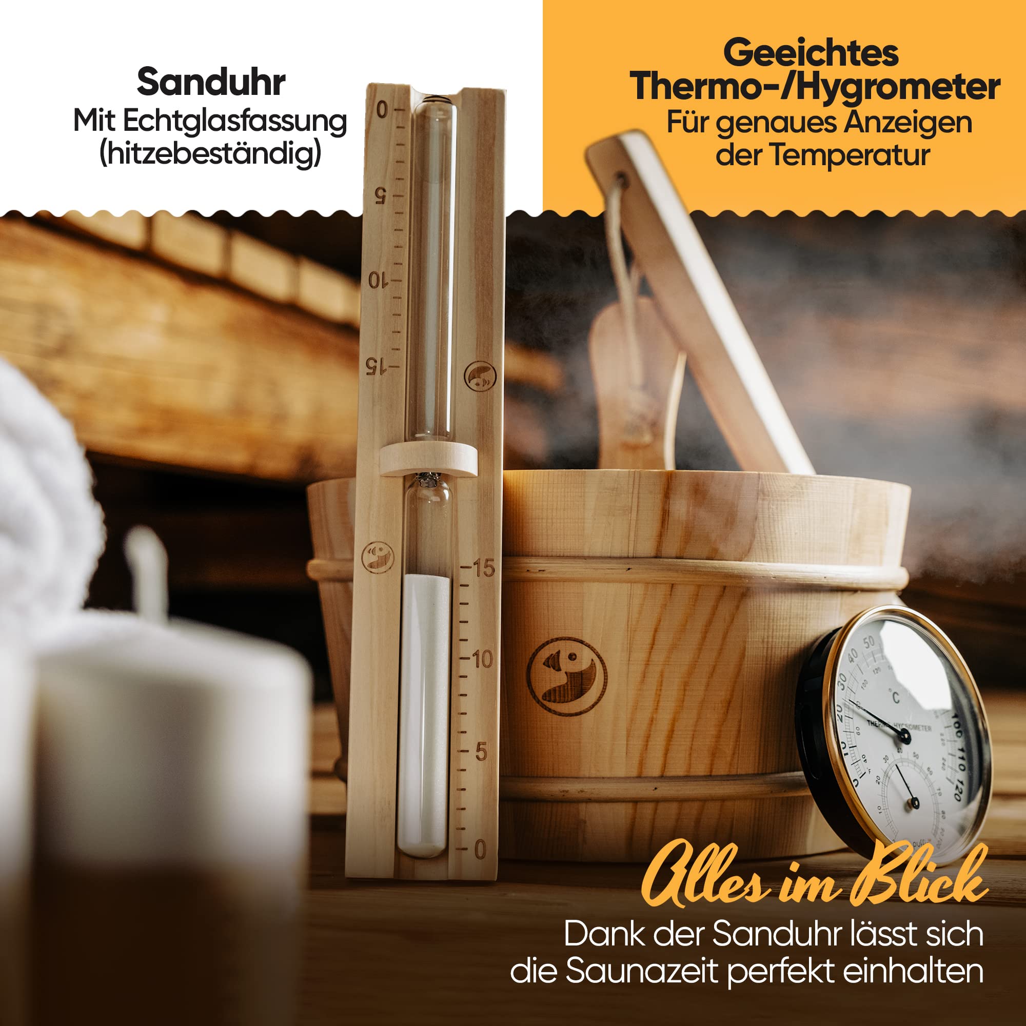 Sauna Zubehör Set | Saunathermometer, Hygrometer, Sanduhr, Aufguss Eimer & Saunakelle | Das perfekte Saunazubehör für Zuhause
