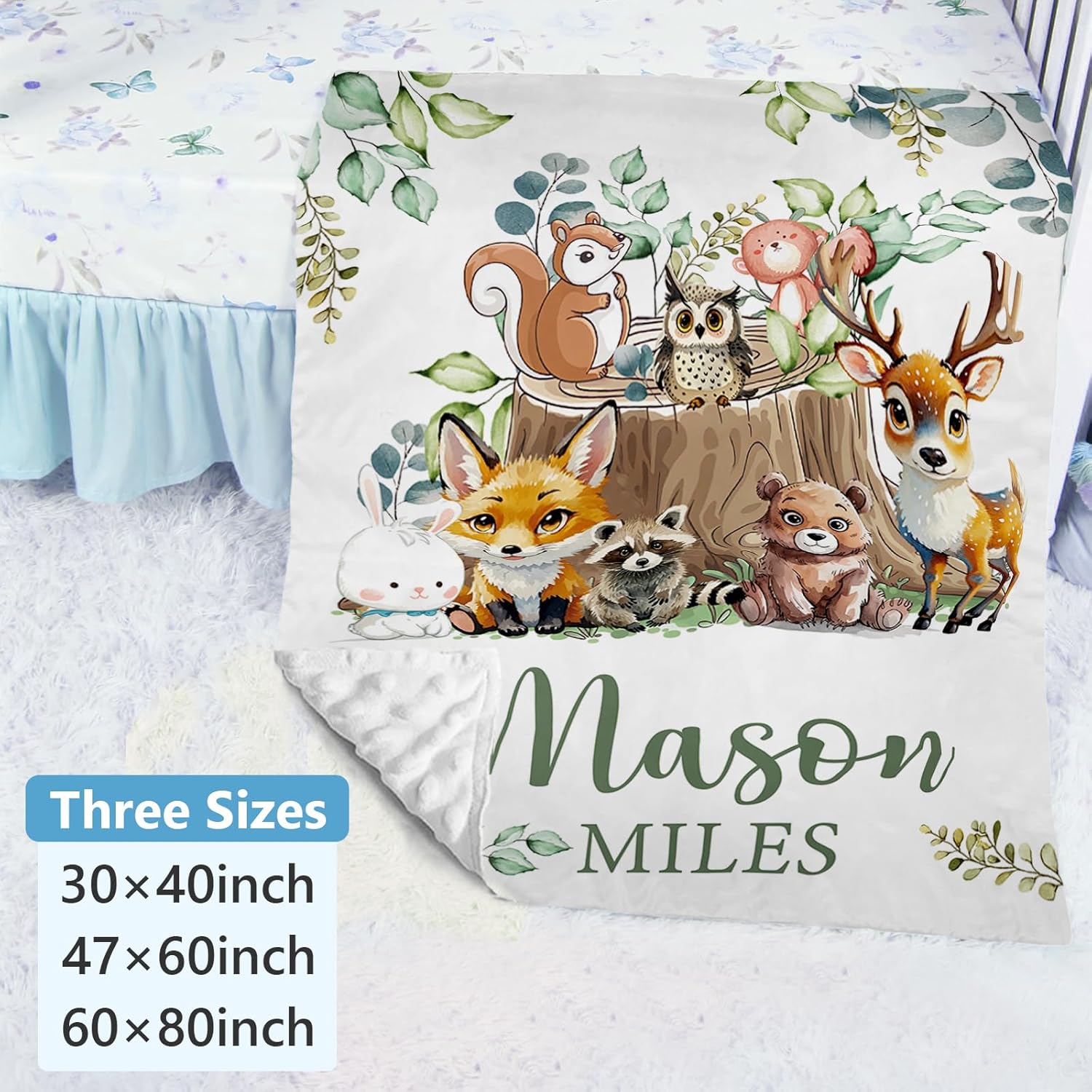 Personalized Baby Crib Bedding Set, Custom Name Blanket with Dotted Backing, 5 Piece Custom Gift Animals Design Crib Bed Set for Baby Infant Shower Birthday, Floral Crib Bedding Gifts Style30