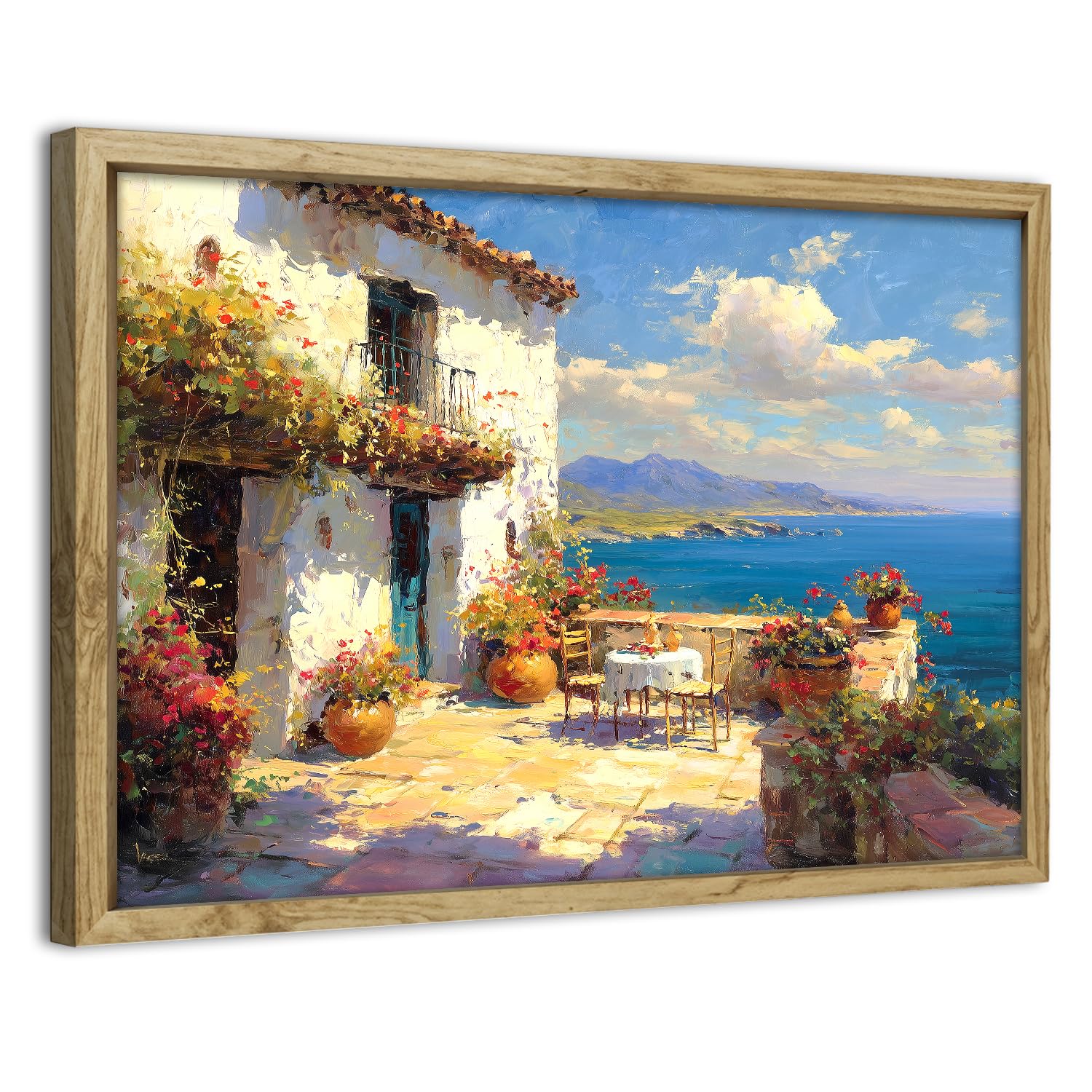 Framed Mediterranean Coastal Wall Art Vintage Seaside Country Canvas Prints Terrace Ocean View Landscape Painting Natural Wood Frame Cottage Decor Beach House Artwork for Living Room Bathroom 30x40cm