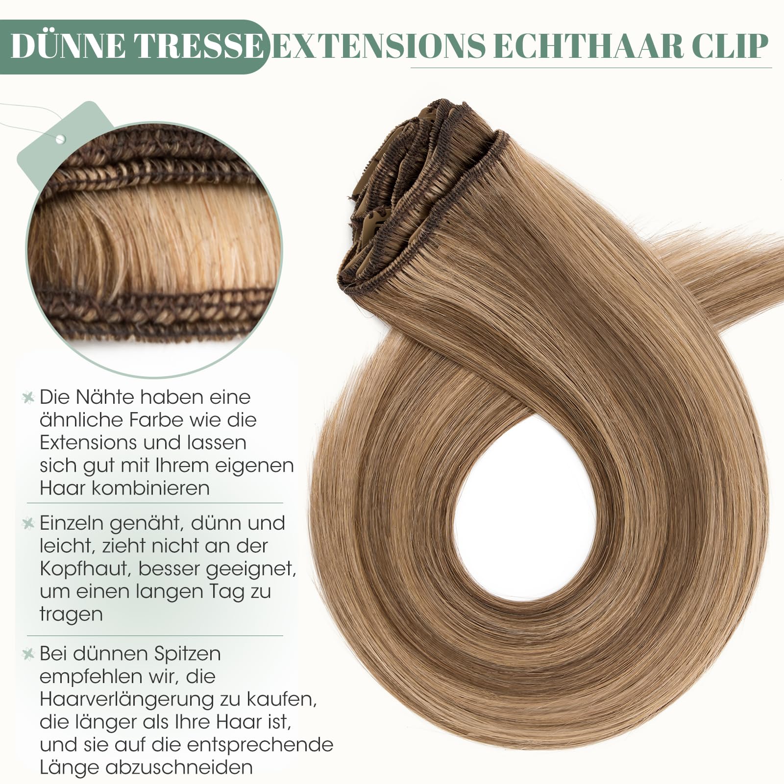 Rich Choices Clip in Extensions Echthaar 8 Stück Clip Extensions 50cm #4/27 Blonde Strähnen Unsichtbare Haarverlängerung Echthaar Clip ins Remy Seidig Gerade Natürlich - Dünne Tressen