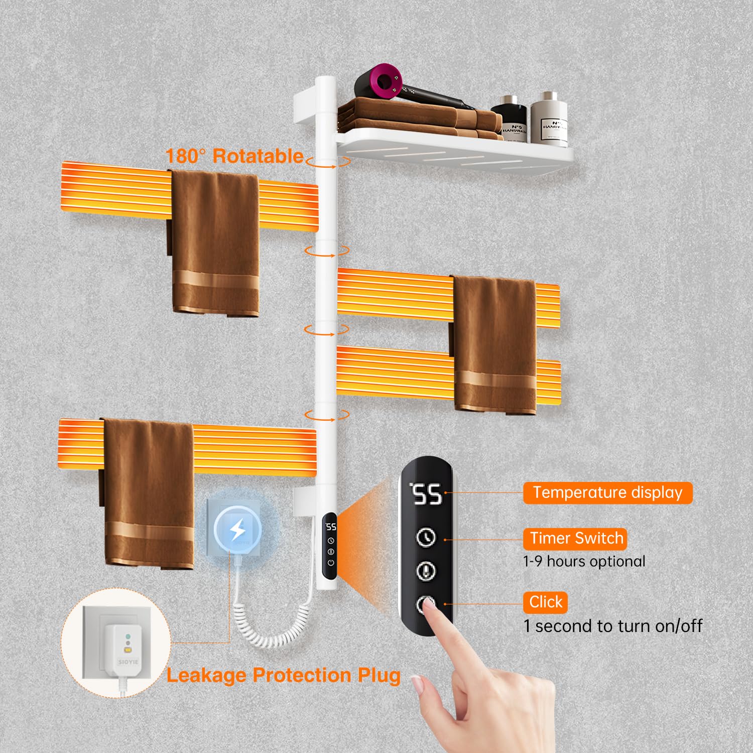 KUKKUME Swivel Heated Towel Rack Electric Towel Warmer with Tray 4 Square Bars Towel Warmer 115—155? with 1H-9H Hour Timer?LED Indicator for Home Bathroom, Salons and Spas (White)