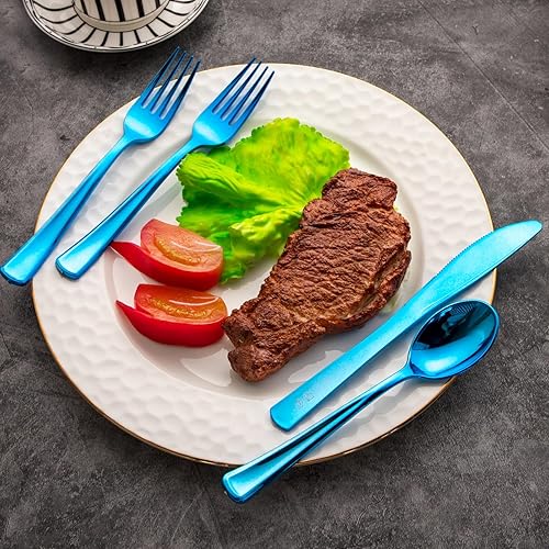 Miniatura 6 de Supernal 240 cubiertos de plástico azul, utensilios desechables para fiestas, cubiertos de plástico resistentes que incluyen 80 tenedores, 80