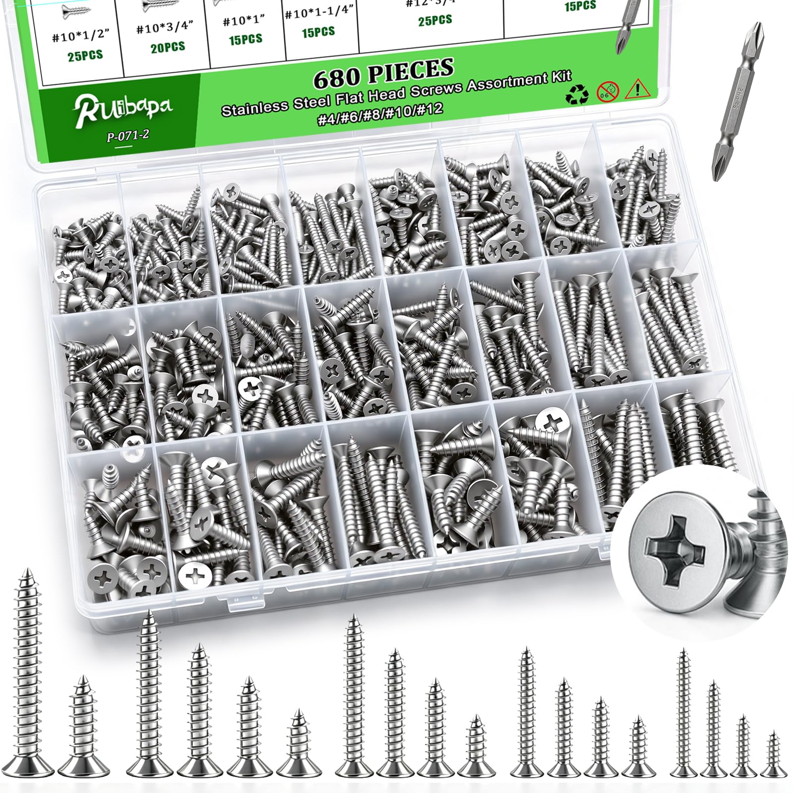 Kit assortito di 680 viti per legno, viti a testa piatta in acciaio inossidabile 304, #4#6#8#10#12, viti per lamiera, lunghezza da 0,6 cm a 2,5-1,3 cm, set di viti autofilettanti