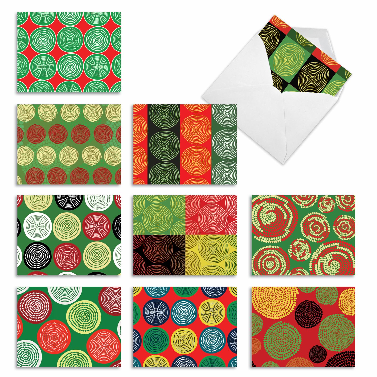 The Best Card Company - 10 Merry Christmas Cards Bulk - Festive Holiday Patterns, Boxed Card Assortment (4 x 5.12 Inch) - African Circles M2272