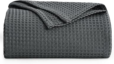 Aisbo Waffle Throw Charcoal Grey Blanket - Summer Lightweight Throws Blanket for Sofa Bed Couch Single Size 130x150cm, Thin Breathable Soft Woven Throw Blanket for Hot Sleeper