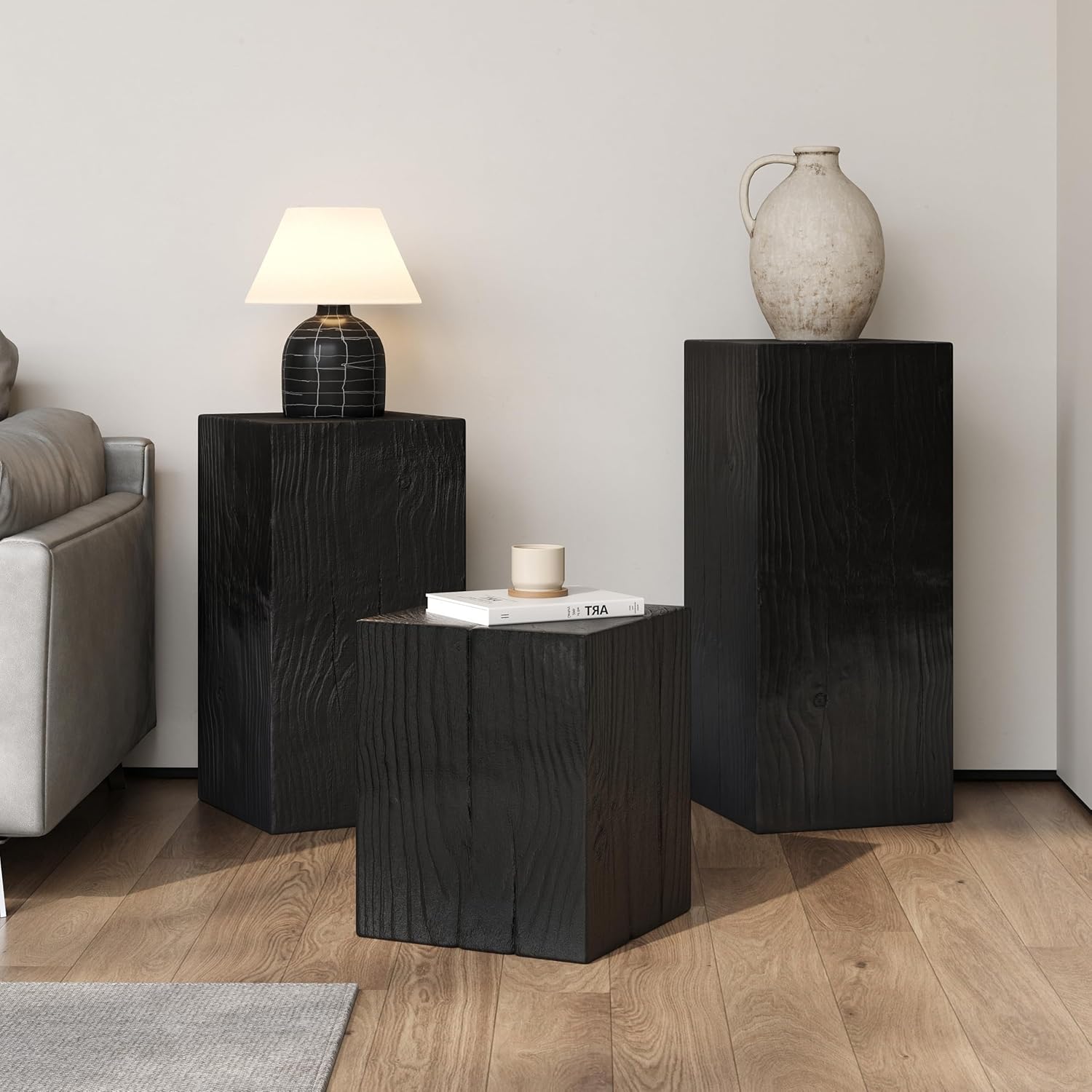 kevinplus Square Side Table End Table Set of 3 for Living Room, Modern Farmhouse Countryside Style, MGO Material for Indoor & Outdoor, Natural Wood Grain, No Assembly, 3-Pcs, Black