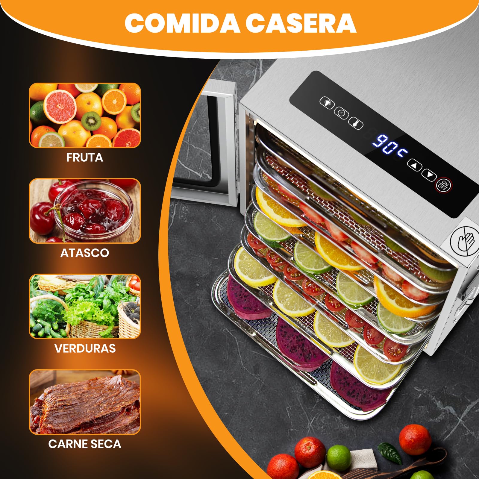 Deshidratador de acero inoxidable de 10 niveles, 0,84 ㎡ de superficie de deshidratación, 30-90 ℃, deshidratador de frutas grande, 800 W, deshidratador de alimentos para verduras, carne y 316