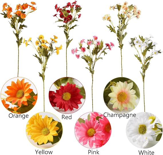 HNVNER 6 Bundles Artificial Daisies Flowers of 6 Colors Fake Silk Flowers, Realistic Faux Daisy Flower for Outdoor and Indoor, Decorative Artificial Flowers for Wedding Home Garden