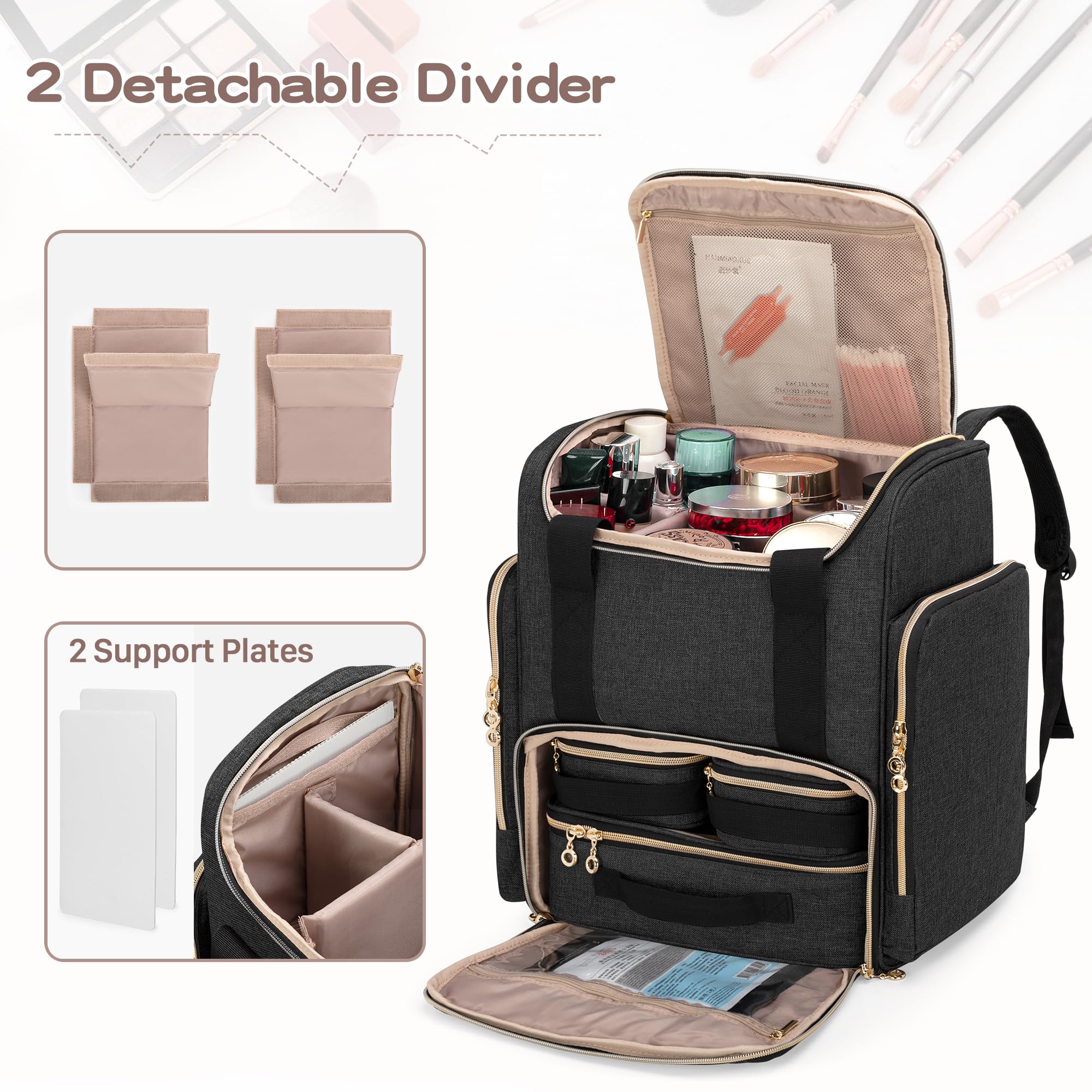 LUXJA Makeup Backpack with 3 Removable Cases and 1 Makeup Brush Bag, Large Makeup Bag Cosmetic Bag with Multiple Storage Sections (Patented), Black