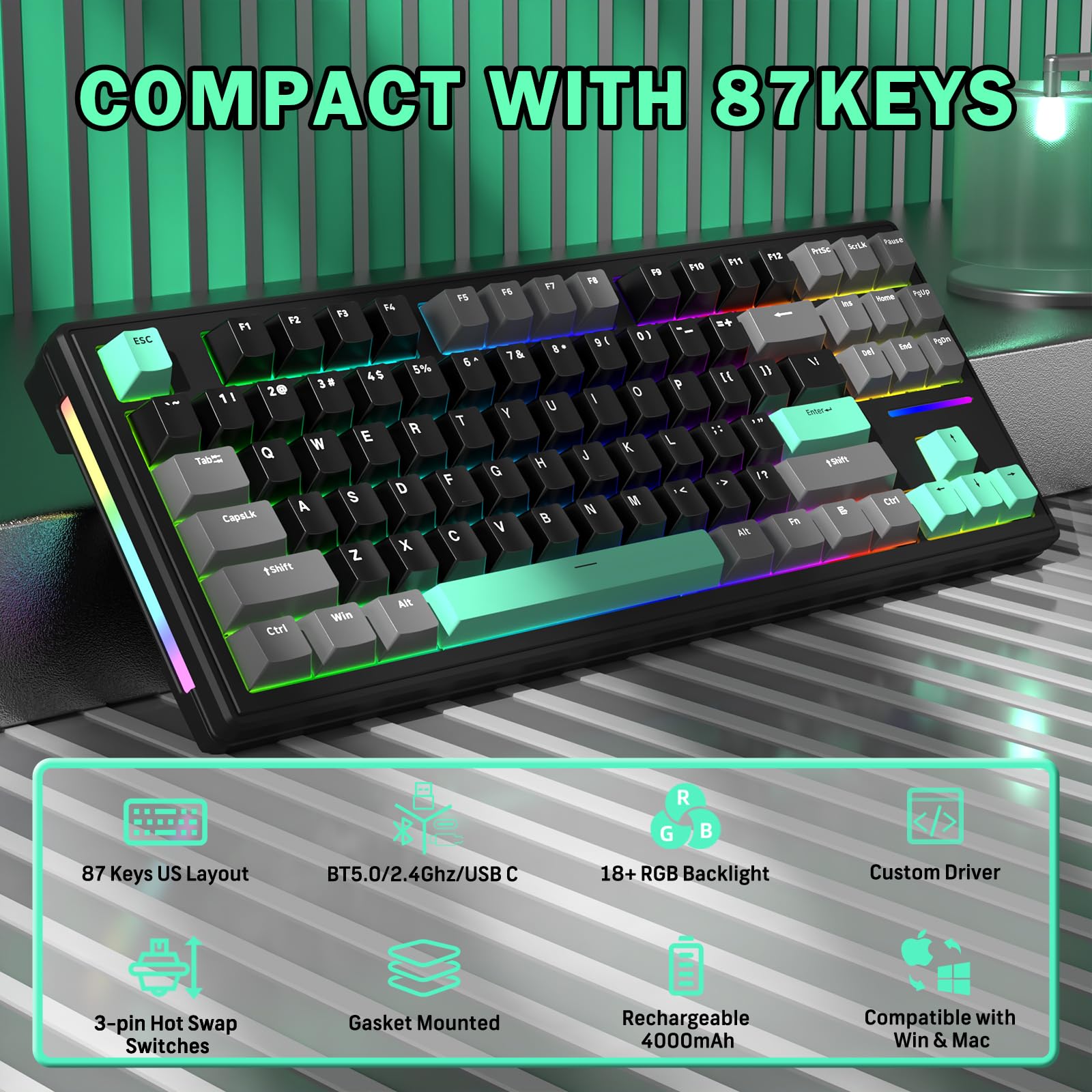 ATTACK SHARK M87 Tastiera da Gioco Bluetooth 5.0/2.4G/Type-C Tastiera Meccanica Cablata/wireless Hot Swap TKL 87 tasti Tastiera Bluetooth RGB compatta con cavo a spirale per tastiera per PC Software