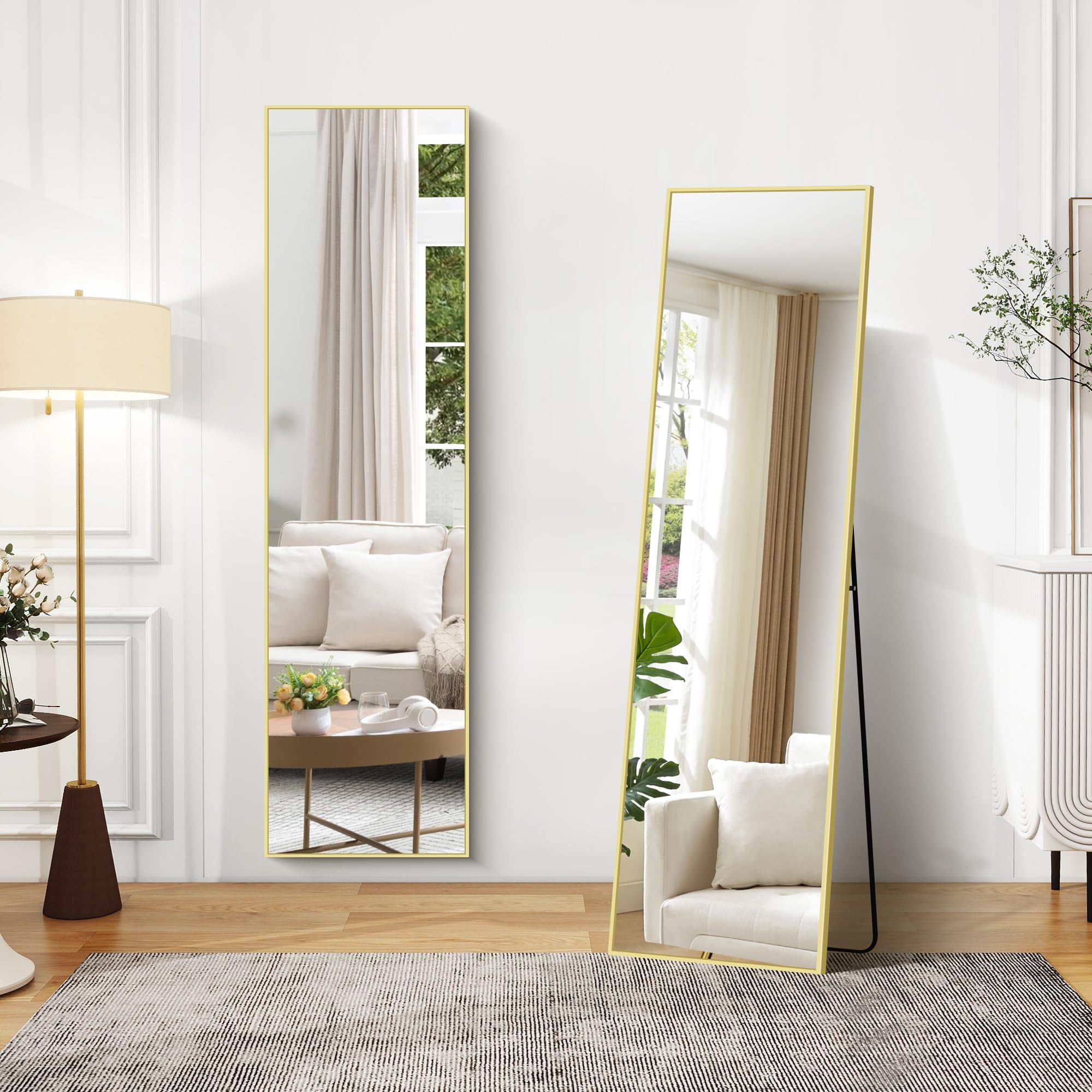 COFENY Specchio da Terra, 150 x 40 cm Specchio da Parete Grande con Cornice in Alluminio, Specchio da Terra da Appoggiare o Appendere per Soggiorno, Camera da letto, Soggiorno, Ingresso, Oro
