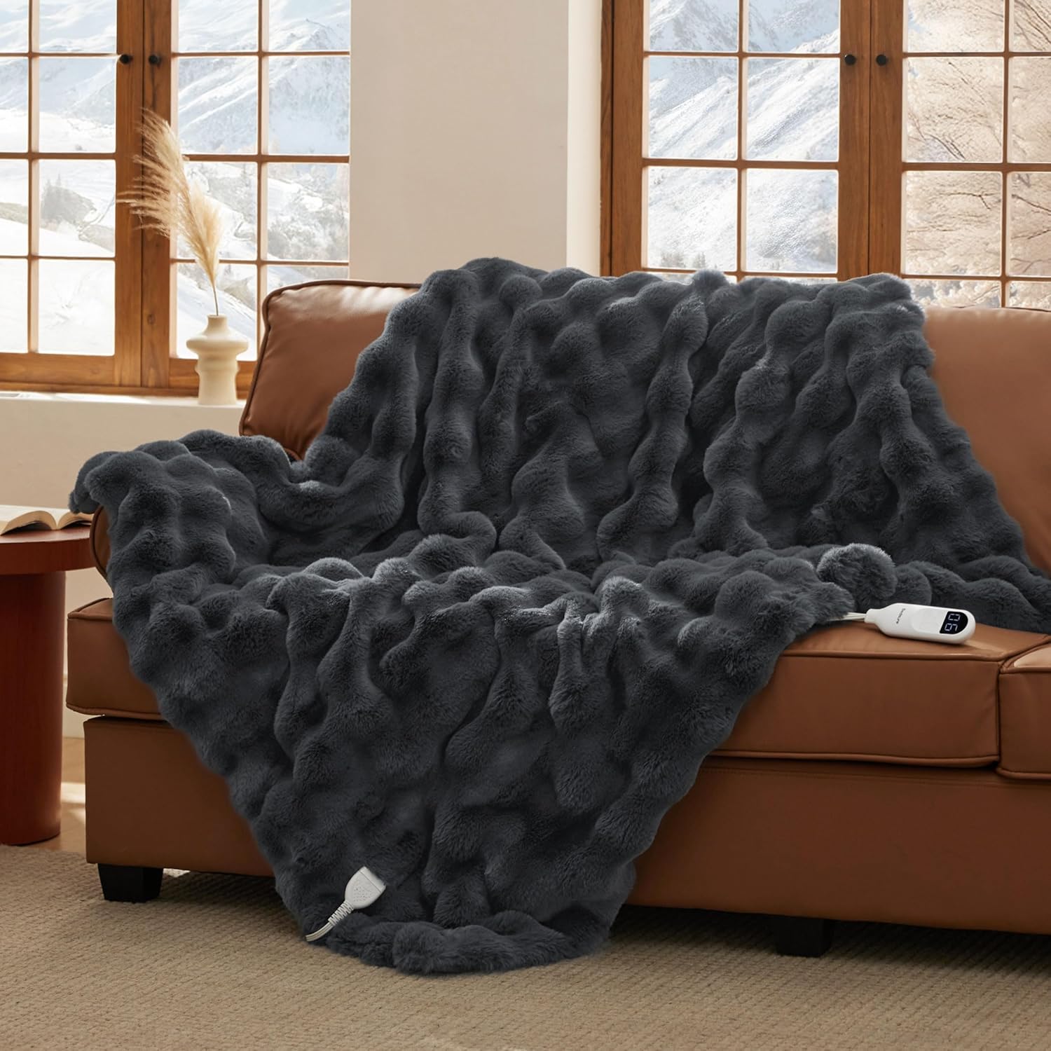 Bedsure Fluffy Bubble Heated Blanket Throw, 6 heat levels