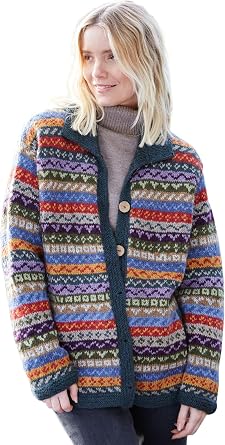 Pachamama Women Wool Cardigan Unique Hand Knit Fair Isle Multicoloured Handmade Thick Warm Pockets Buttoned Fair Trade