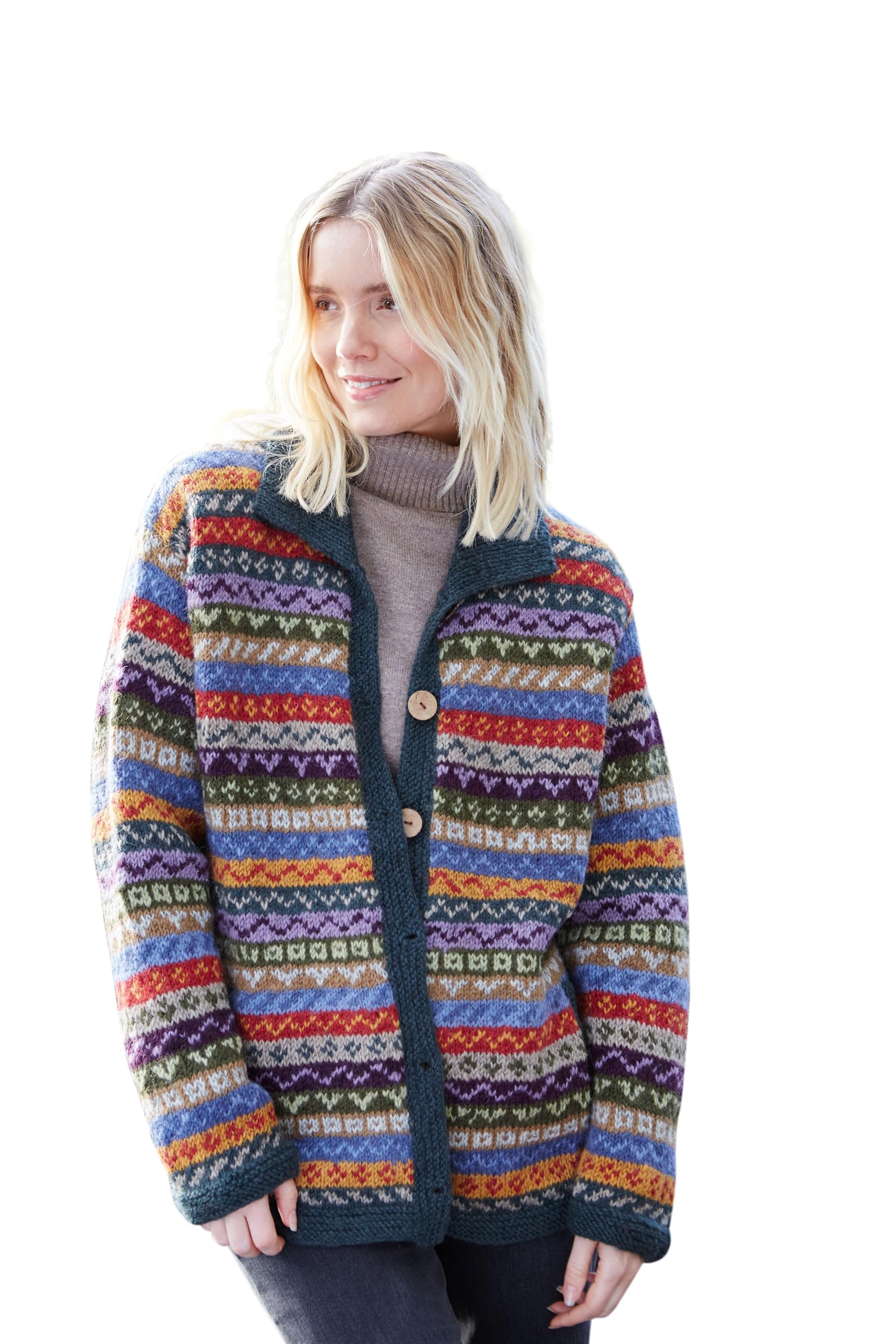Pachamama Women's Green, Multicoloured Wool Buttoned Cardigan Handknitted Intricate Fairisle Individual Unique Handmade Extra Warm Fair Trade (Uk, Alpha, M, Regular, Regular)