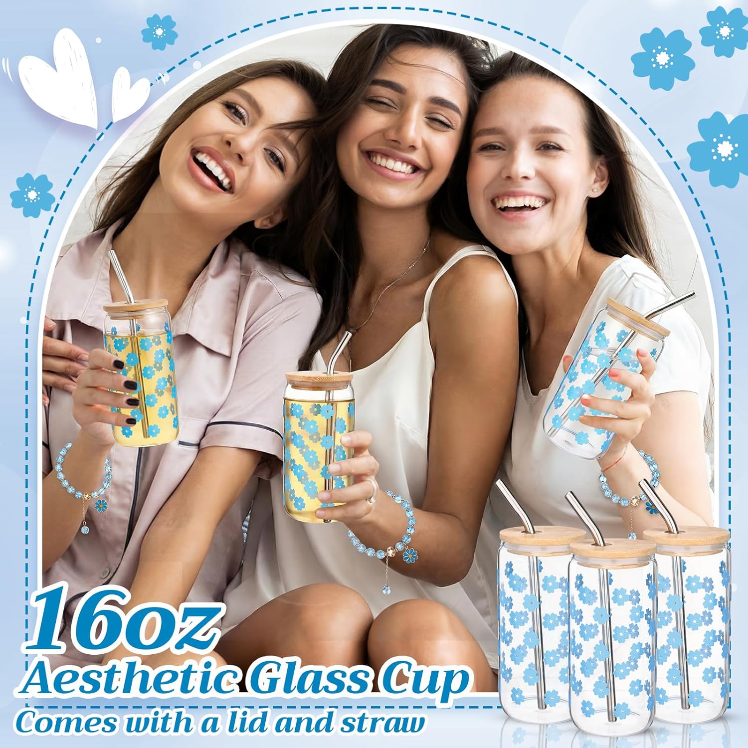 Vesici 42 Pcs Spa Sleepover Party Supplies Bulk for Women 6 Sets Slumber Bridesmaid Wedding Birthday Gifts Favor Glass Cup Eye Mas Hair Tie Hair Clip Bracelet Tote Bag Ribbon(Cherry Blossoms,Blue)