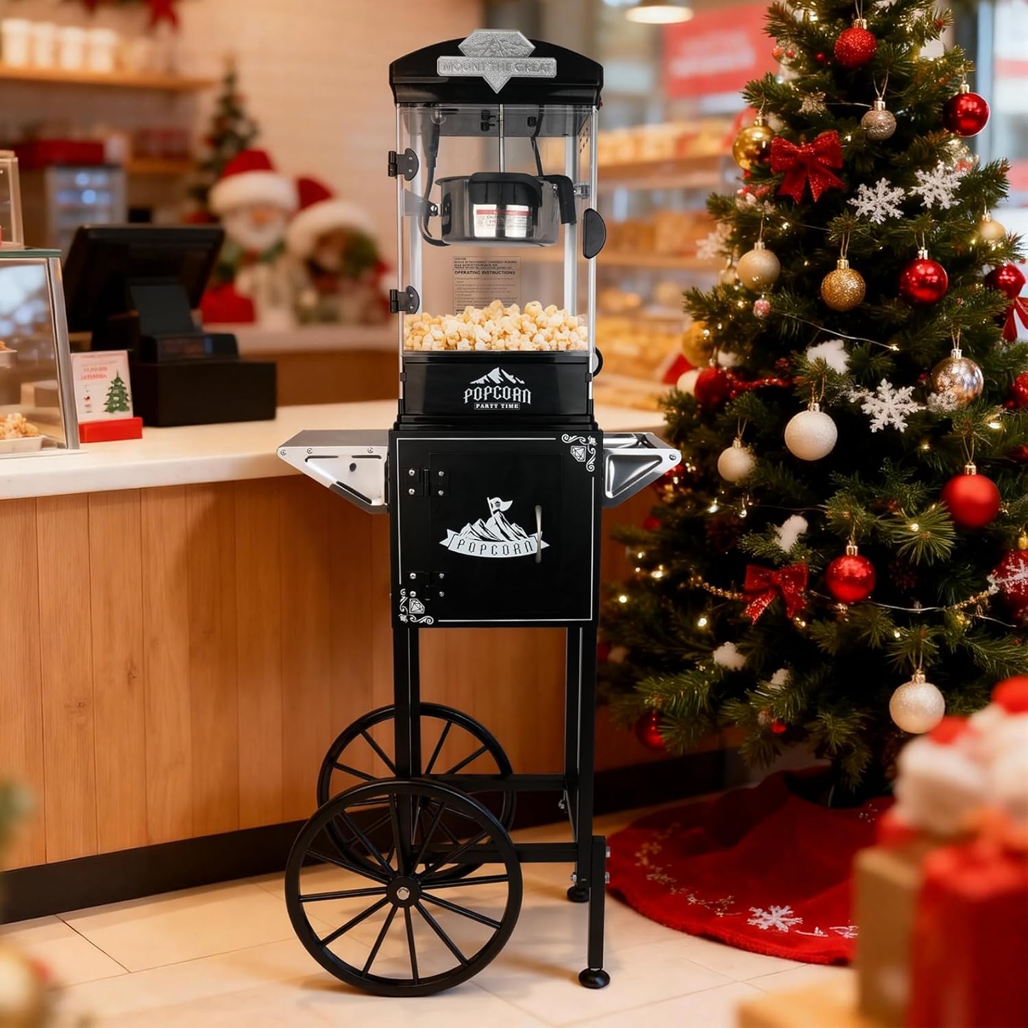 10oz Popcorn Machine with Cart, Wheels & Stainless Steel Kettle, 110v/480w, Vintage Movie Theater Style, Popcorn Maker Machine for Parties, Events, Home & Commercial Use, Black