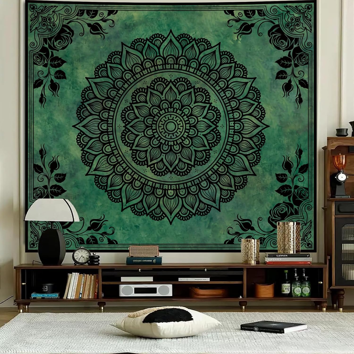 Apdidl Extra Large Green Boho Mandala Tapestry for Bedroom Aesthetic, Hippie Indian Vintage Floral Decor Wall Hanging, Bohemian Ceiling Flower Plants Art Backdrop Wall Tapestries for Dorm Living Room 71"X90"