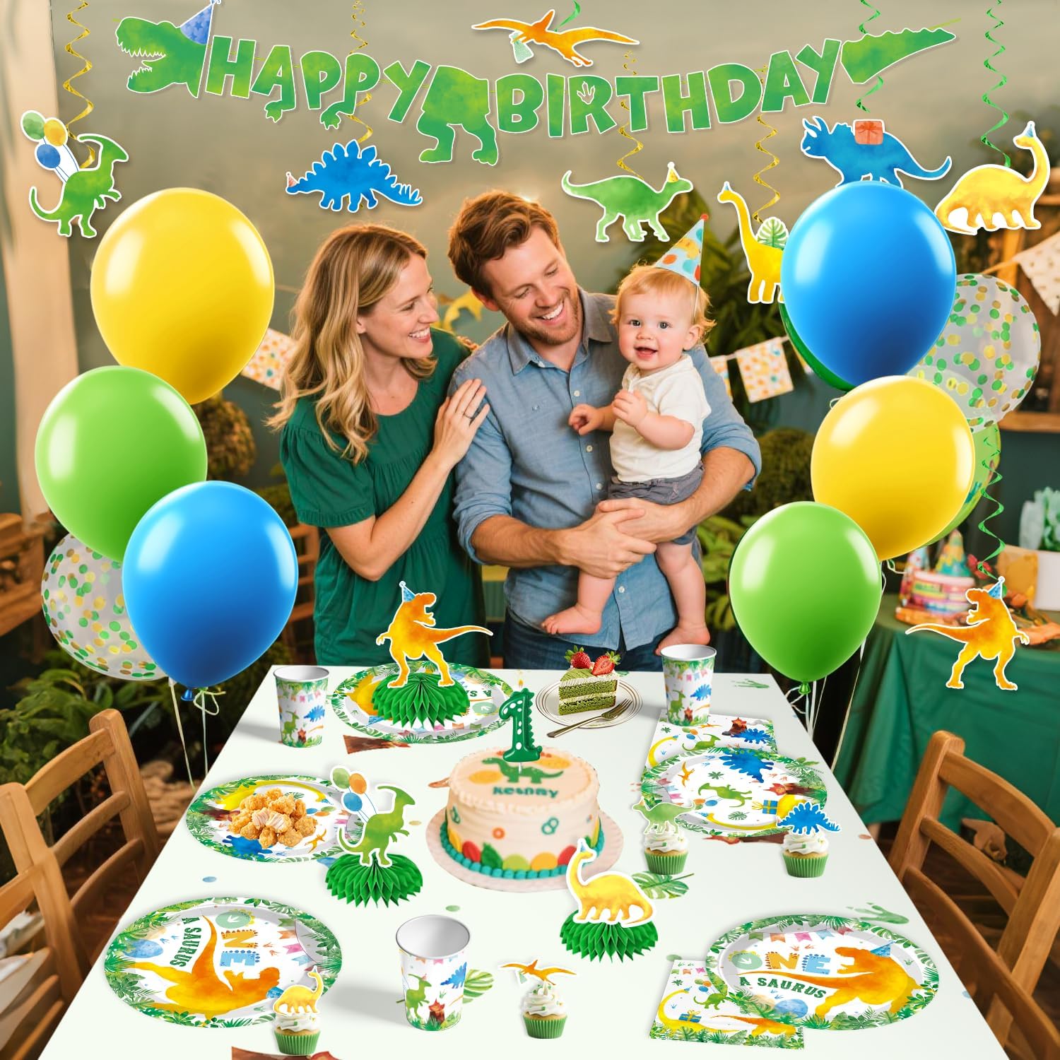 193pcs One A Saurus Birthday Decorations with Tableware Set, Banner, Hanging, Tablecloth, Cake Number Candle, Balloon, Centerpieces, for Dinosaur Birthday Decorations 1 Year Old Boy, Serves 25 - Image 6