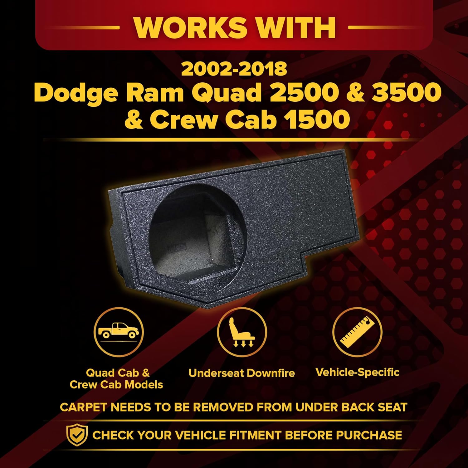 Q Power Single 12in Underseat Upfire Subwoofer Enclosure, QBomb Sub Box Compatible with Dodge Ram Crew 1500, Quad 2500 & 3500 2002-2018, Classic 2019-2022