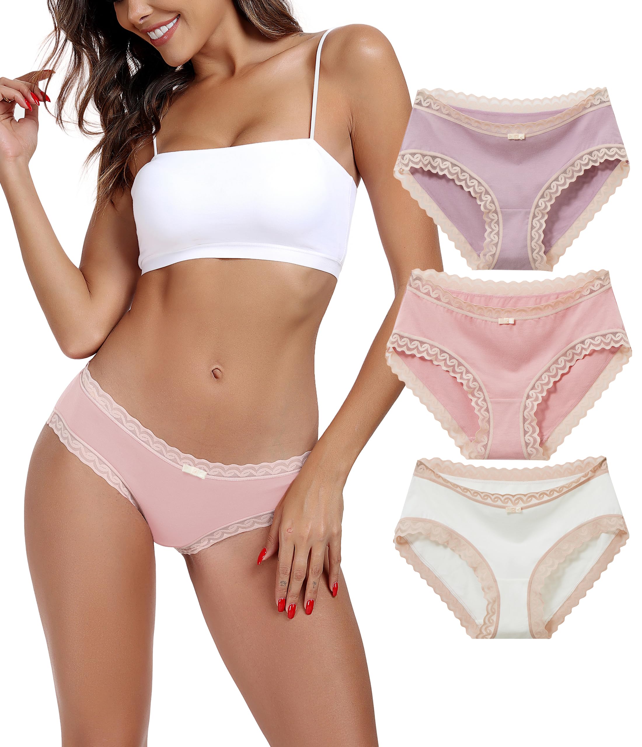 COLORFULLEAF Women's Bamboo Lace Underwear Women Pack of 5 Comfortable Soft Hipster Summer Bikini Panties - Small - 3f pack-purple/white/pink