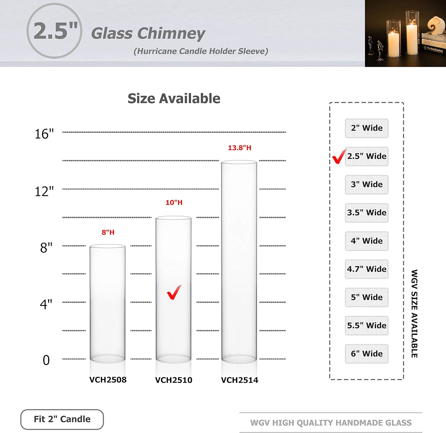 WGVI Hurricane Candle Holder Sleeve, Wide 2.5", Height 10", 2 Pieces, Clear Glass Cylinder Open Both Ends, Chimney Shade Tube (HST2510_2pc) : Home & Kitchen