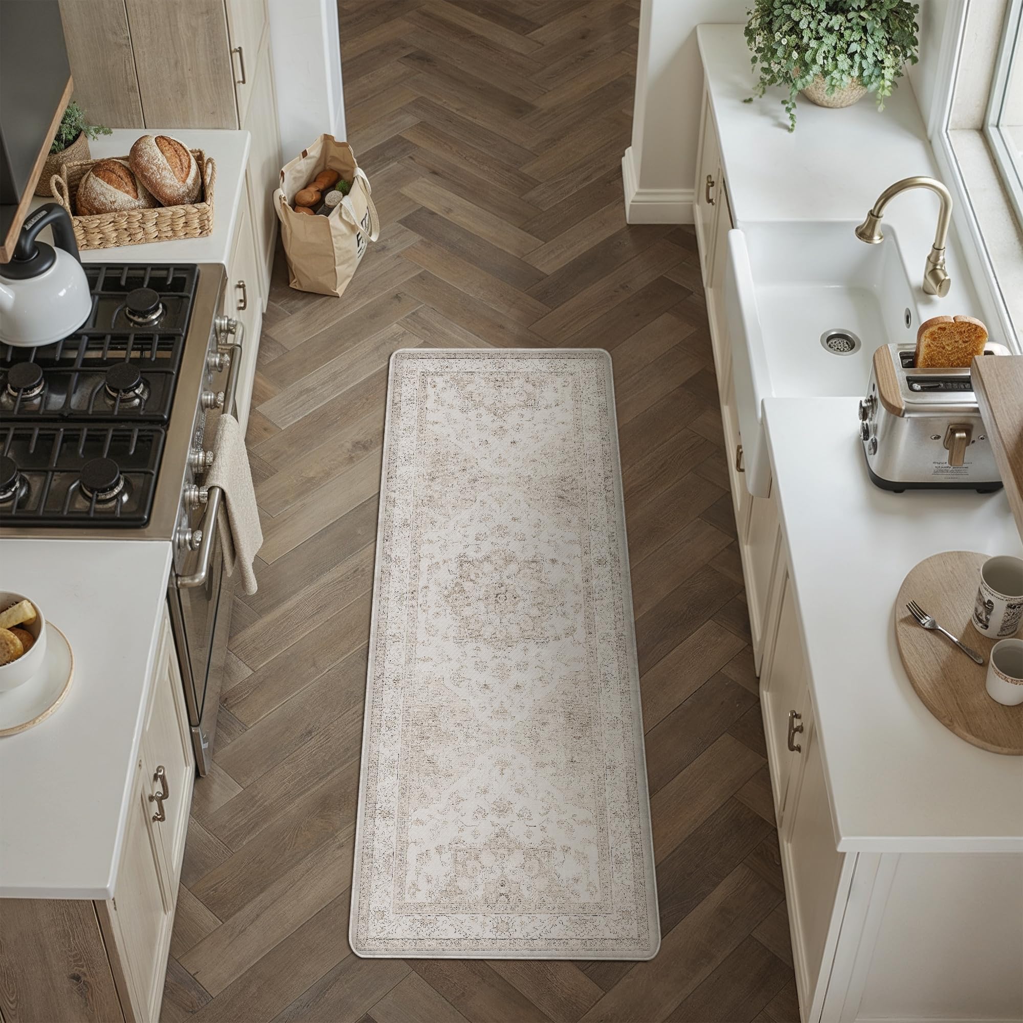 Kitchen Mats 2PCS Anti Fatigue Cushioned Mat Beige Vintage Kitchen Mats for Floor Waterproof Non Slip Comfort Standing Oriental Medallion Rug for Sink Laundry Office 17.3"x47"+17.3"x30" — view 21