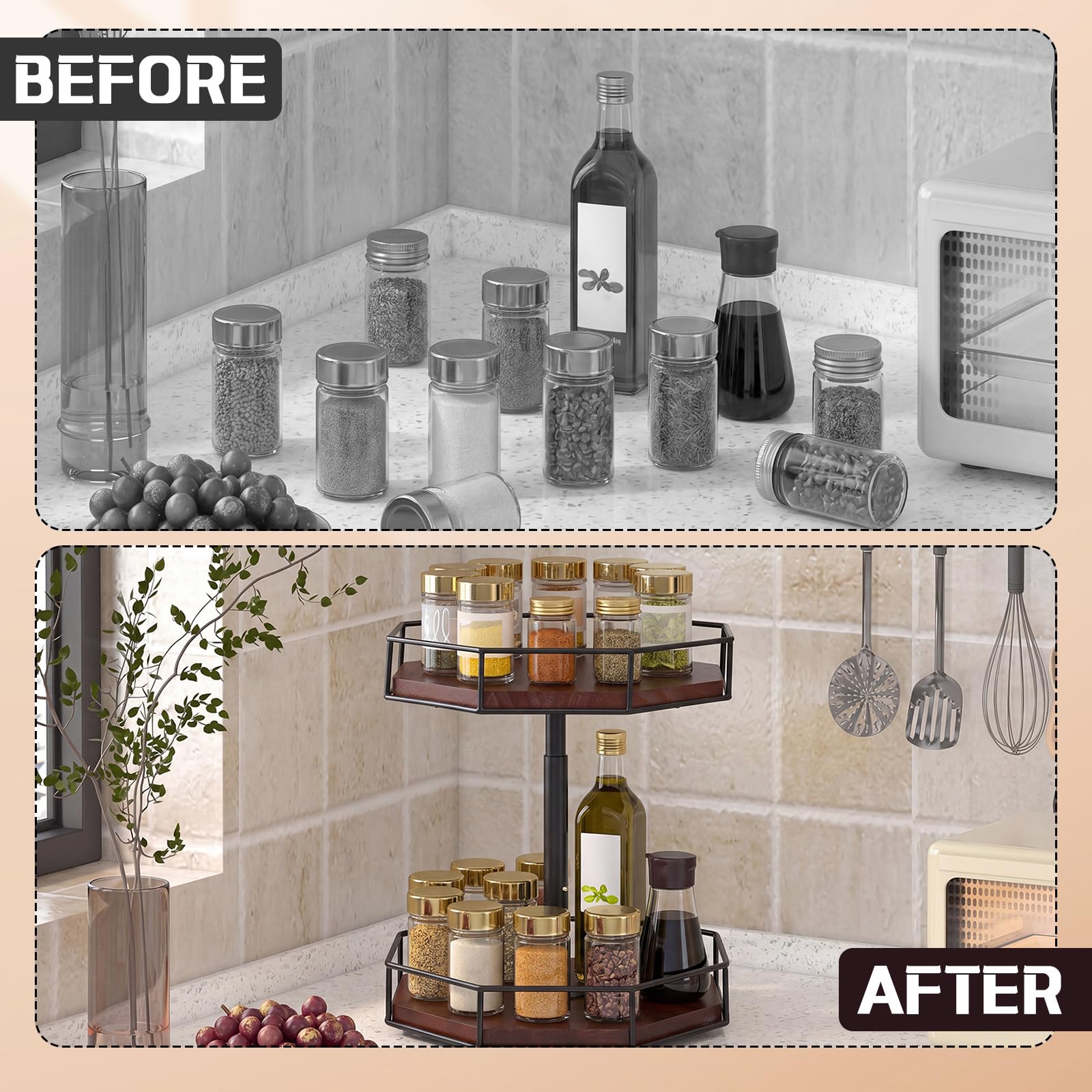 Sliner Lazy Susan - Organizador de especias de 12 pulgadas, ajustable, octogonal, organizador de especias de madera, giratorio, estante giratorio para gabinete, cocina, encimera, despensa, baño