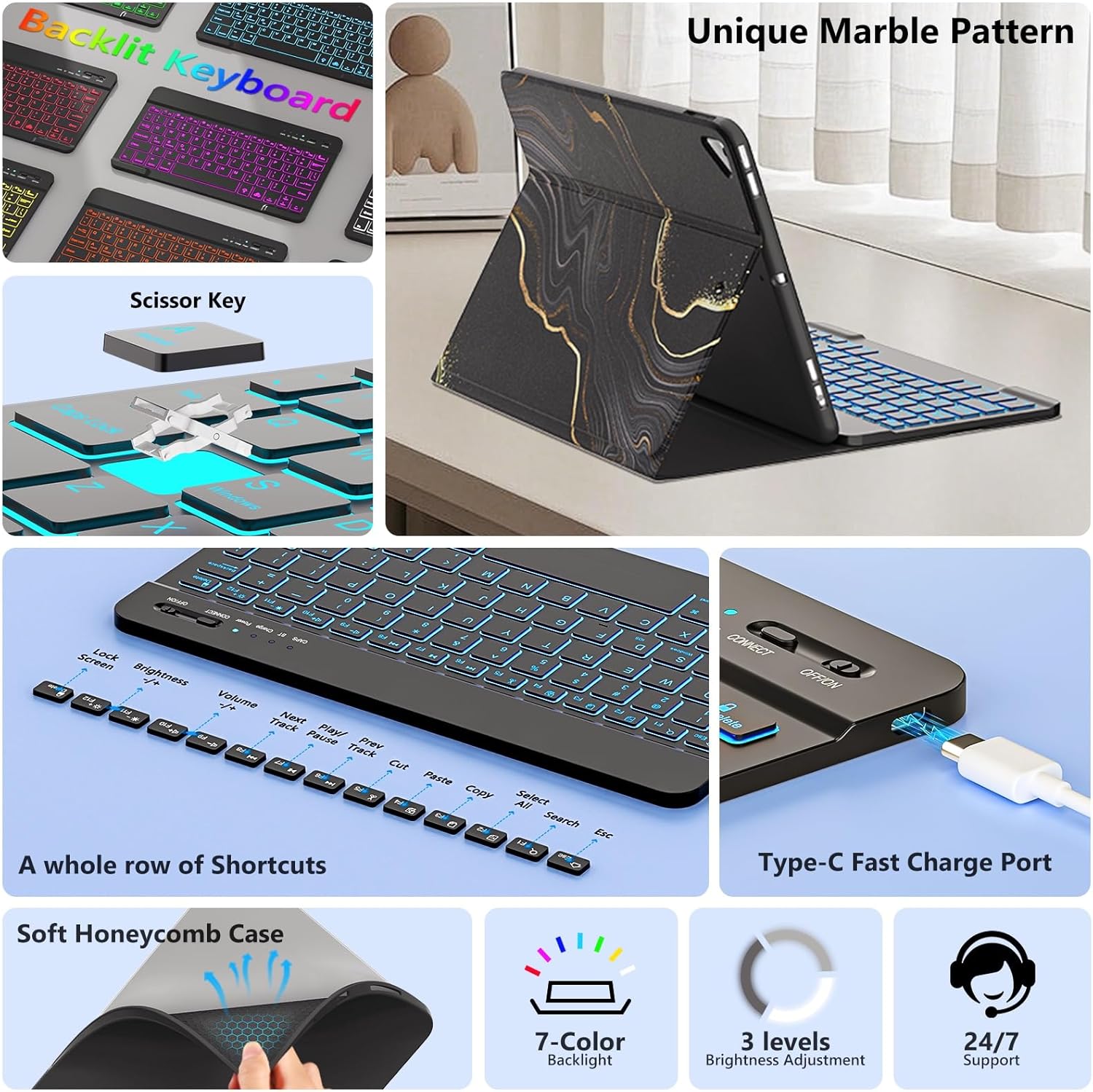 FUWANG Keyboard Case for iPad 9th 8th 7th Generation 10.2 inch, Detachable 7 Colors Backlit for iPad 9th Generation Case with Keyboard, Keyboard Case for iPad Pro 10.5"/Air 3rd Gen, with Pencil Holder