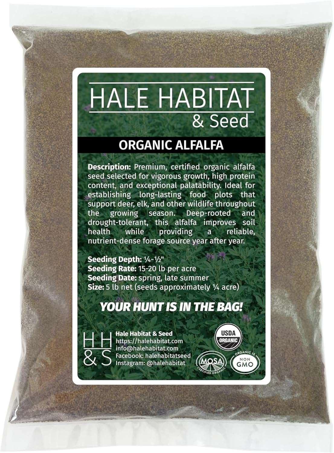 Hale Habitat & Seed Certified Organic Alfalfa Seed – 5 lb Bag, Covers Up to 1/4 Acre – Non-GMO, High Germination – Food Plot & Forage